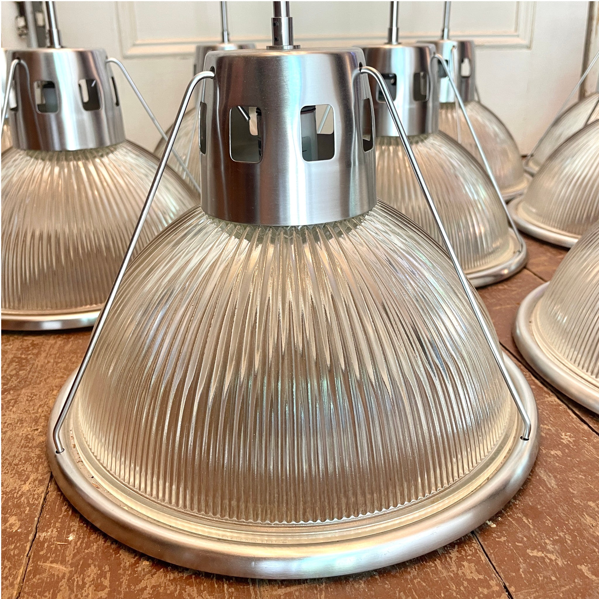 Set of 13 Architectural Pendant Lights | Brushed Aluminum &amp; Prismatic Glass | c. 2005