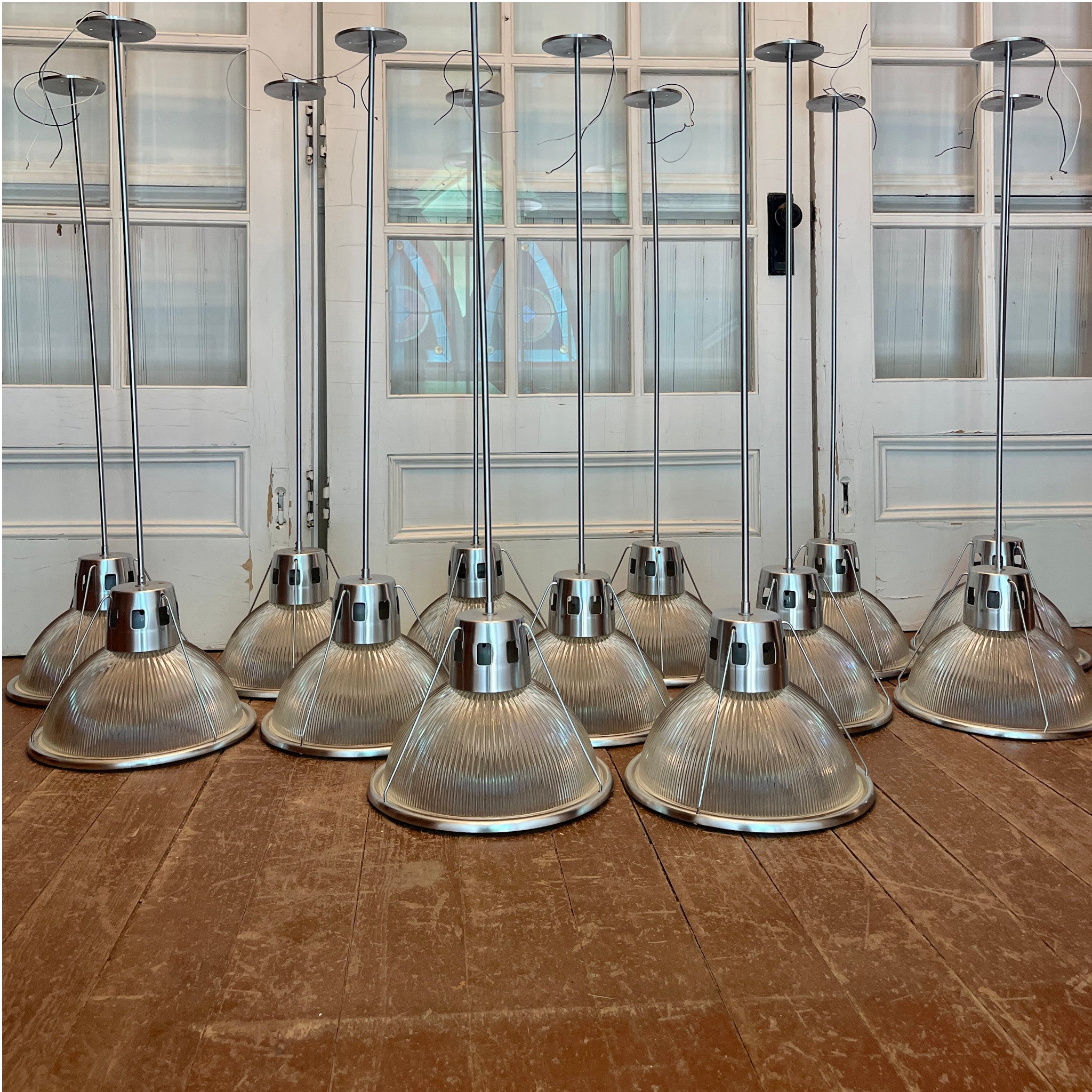 Set of 13 Architectural Pendant Lights | Brushed Aluminum &amp; Prismatic Glass | c. 2005