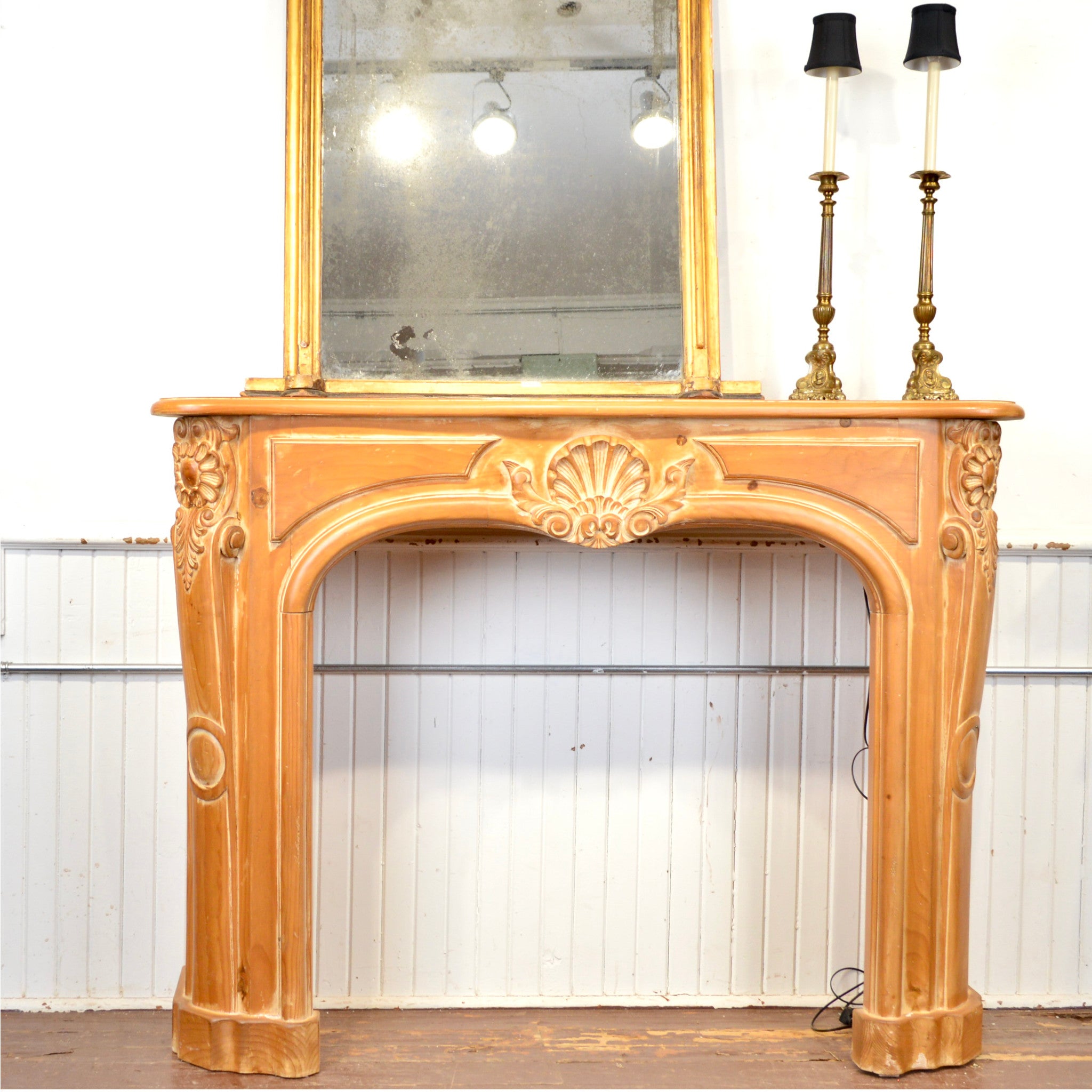 Reproduction French-Style Pine Fireplace Mantel with Shell Motif