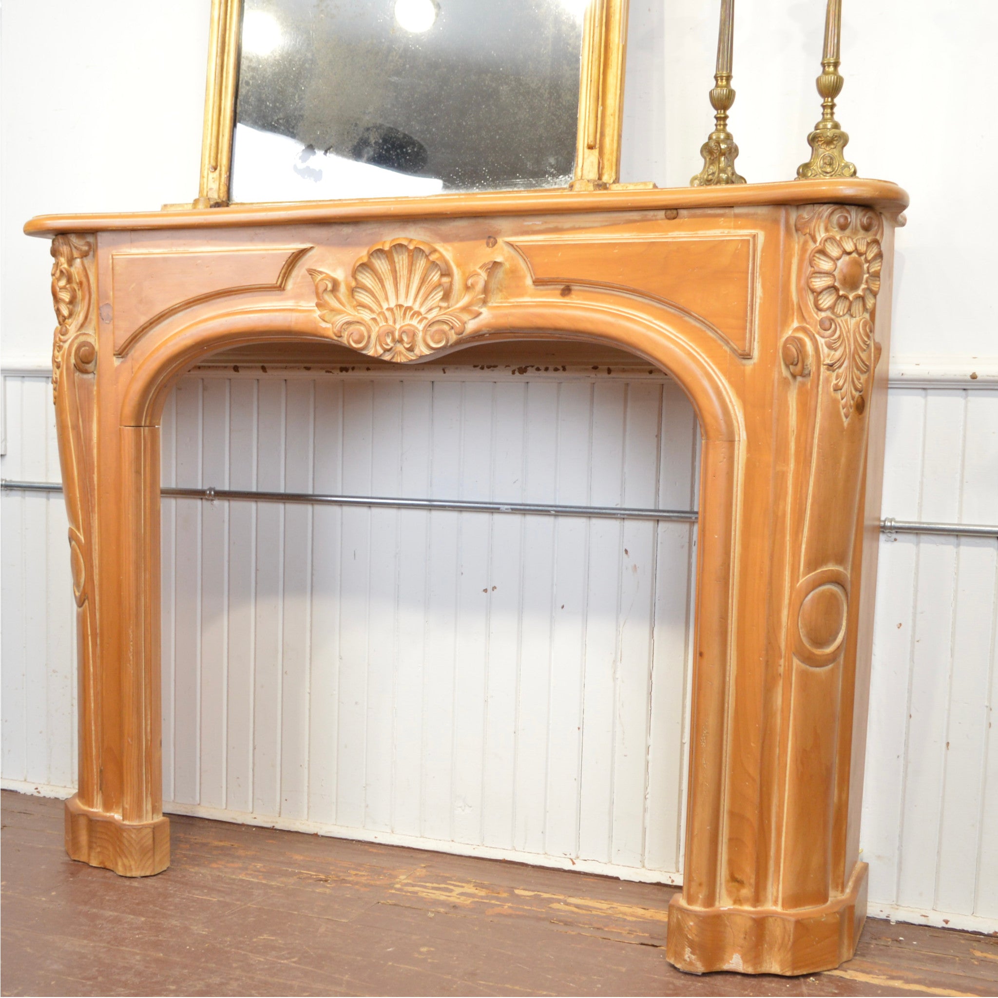 Reproduction French-Style Pine Fireplace Mantel with Shell Motif