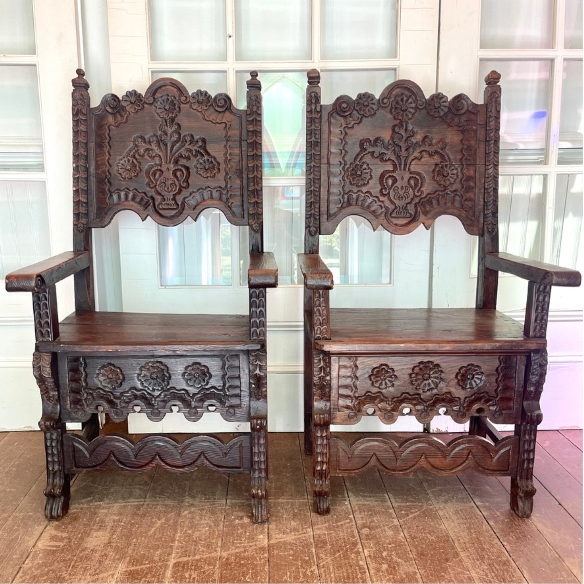 Pair of Hand-Carved Spanish Frailero Chairs