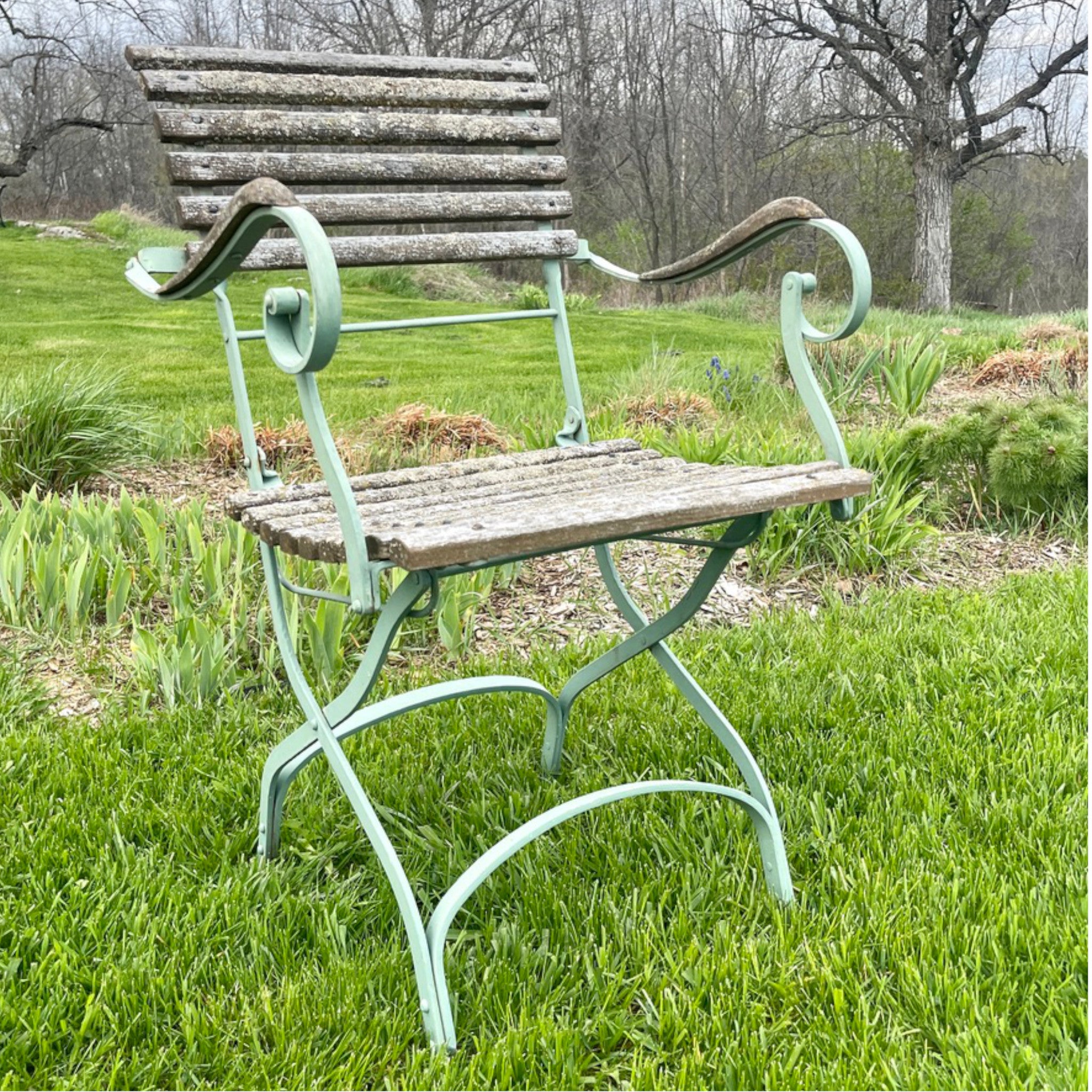 Set of Six Folding Garden Chairs with Scroll Arms | Weathered Wood & Iron Frames