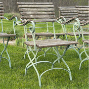 Set of Six Folding Garden Chairs with Scroll Arms | Weathered Wood & Iron Frames