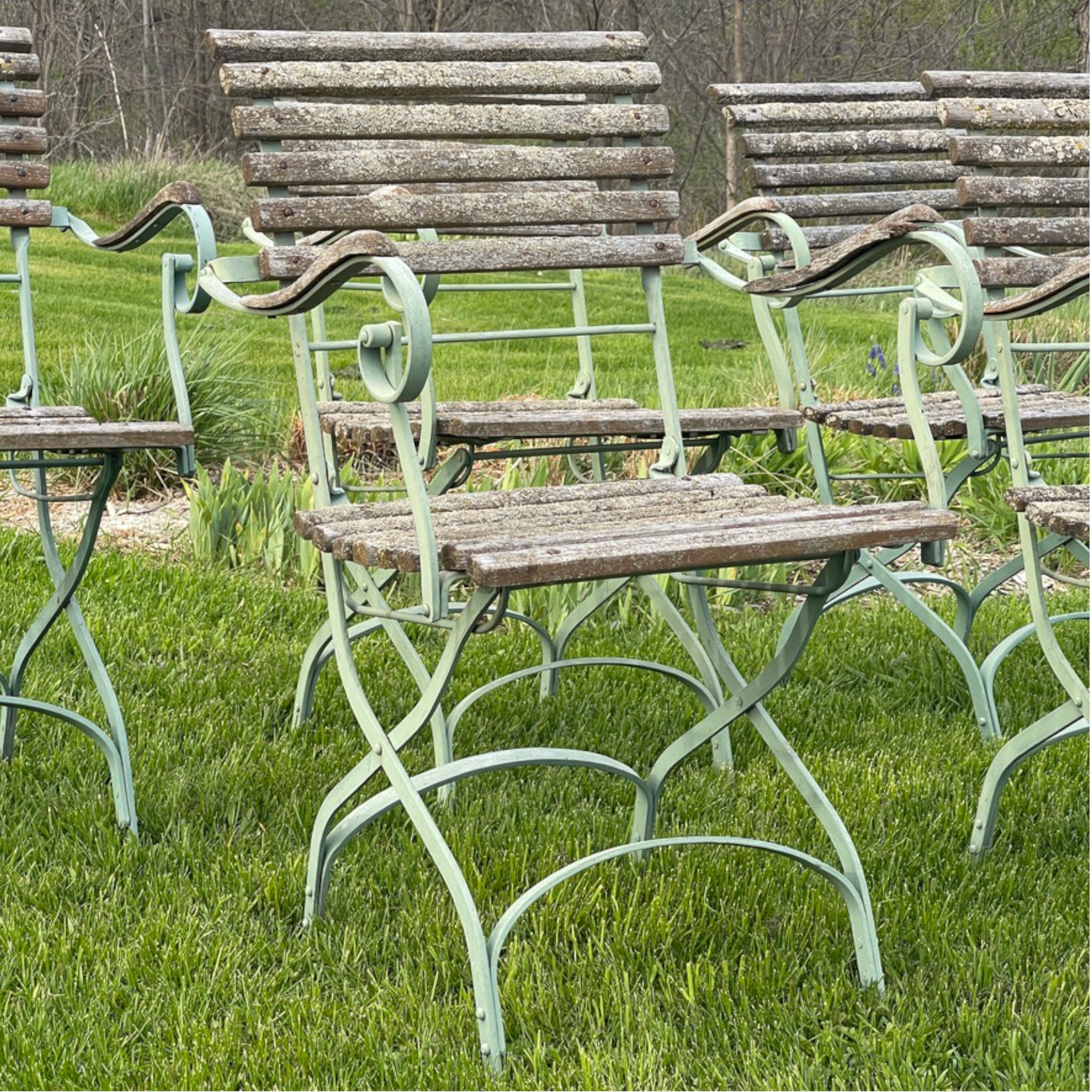 Set of Six Folding Garden Chairs with Scroll Arms | Weathered Wood & Iron Frames