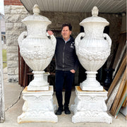 Monumental Cast Iron Garden Urns with Plinth Bases — Pair