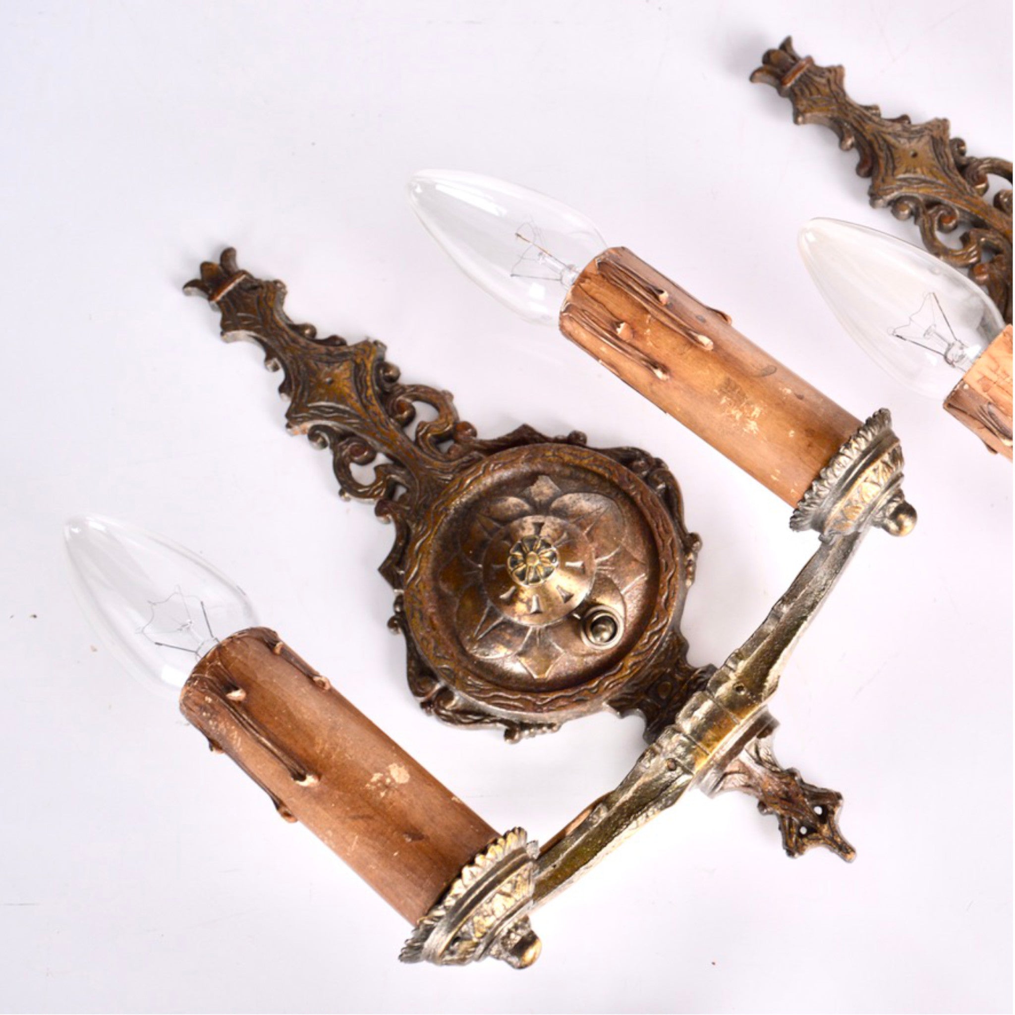 Pair of Gothic Revival Two-Arm Wall Sconces | Cast Iron &amp; Brass | c. 1920-1935