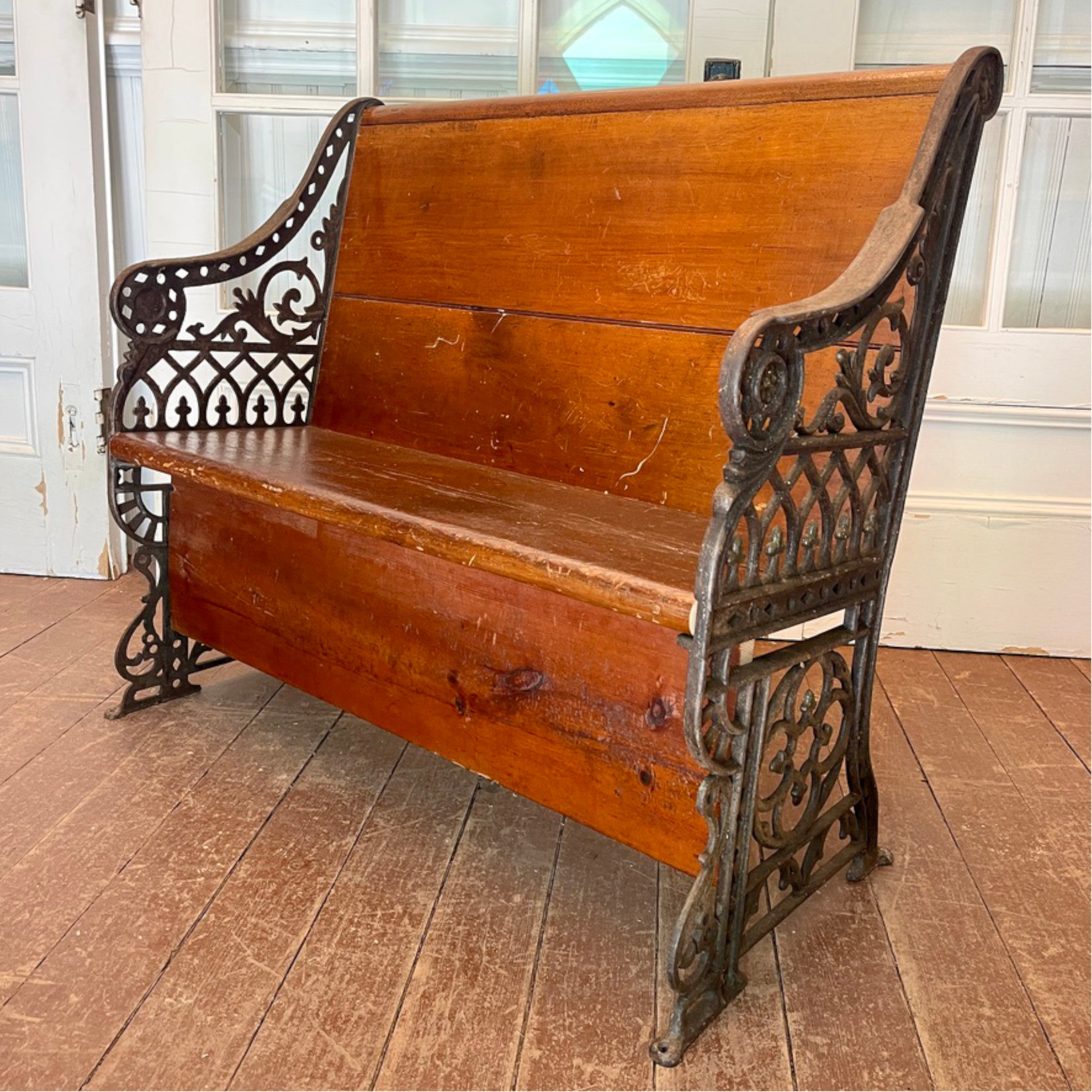 19th Century Church Pew With Cast Iron Ends From Simcoe County