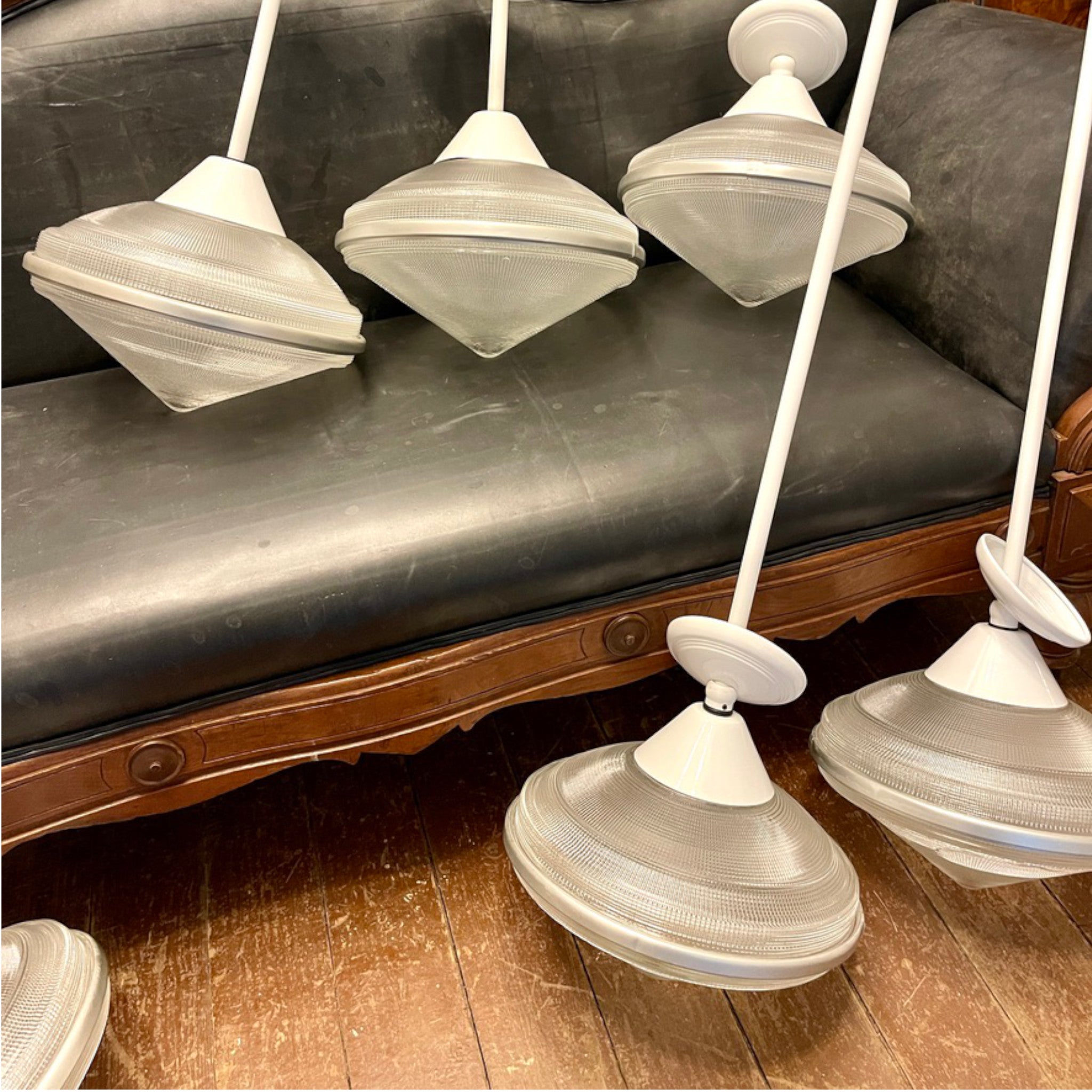 Set of 7 Vintage Holophane Pendant Lights with Conical Glass Shades