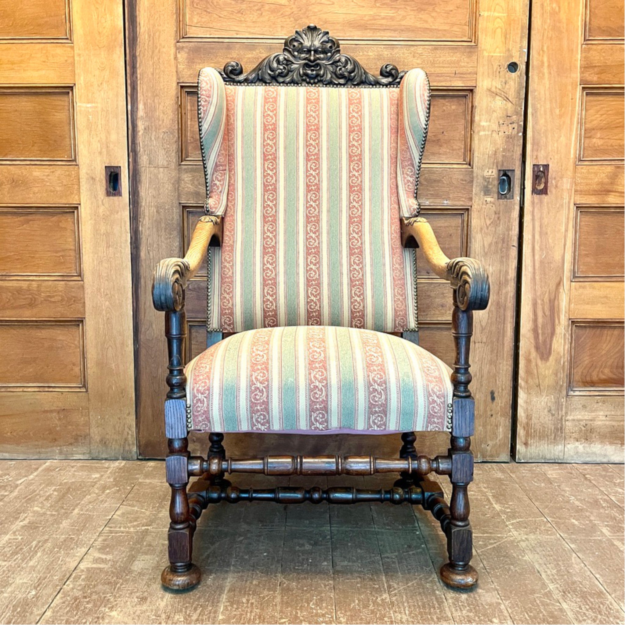 Antique Jacobean Revival Armchair with Carved Crest
