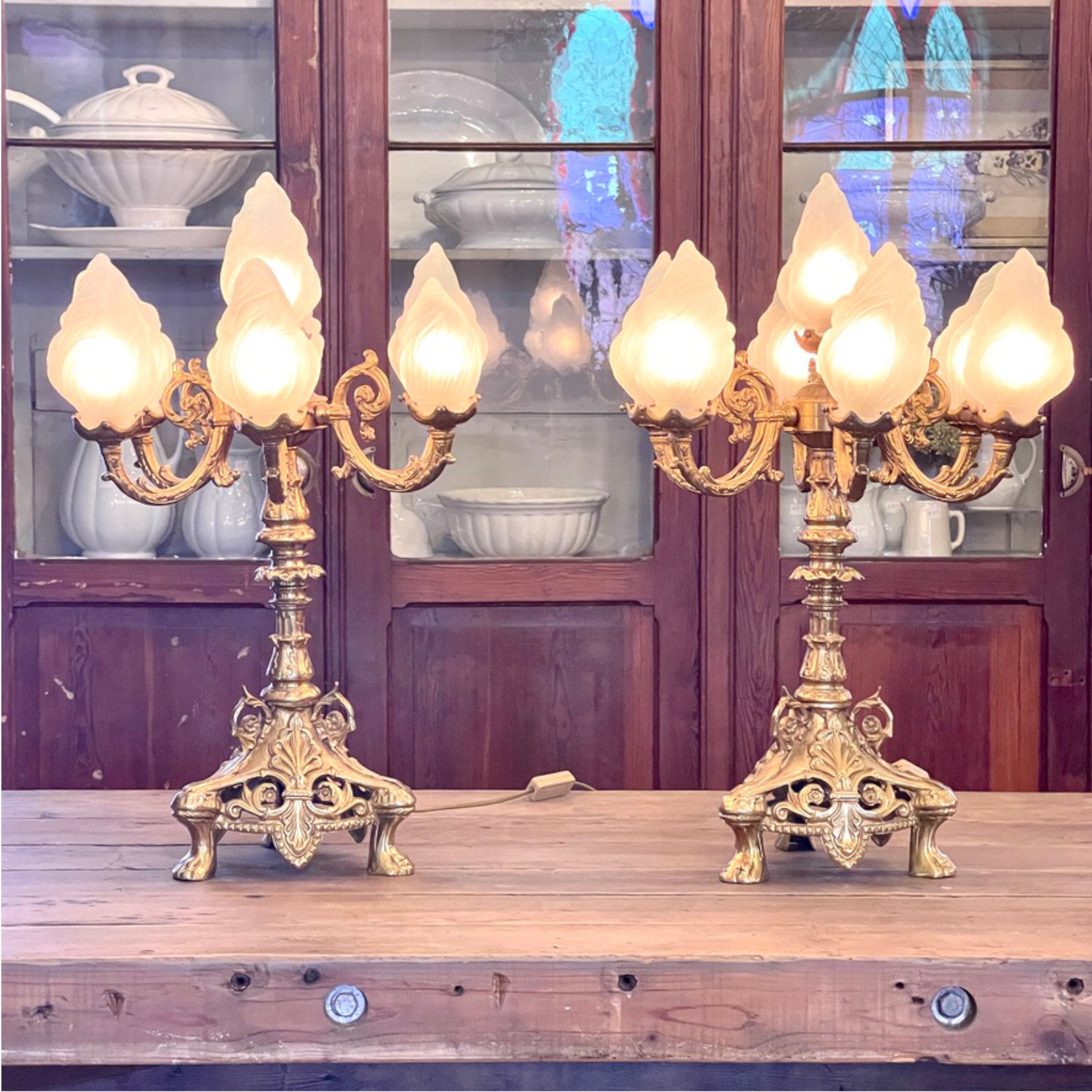 Vintage Bistro Style Brass Lamps With Flame Shades