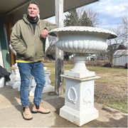 Oversized Cast Iron Garden Urn on Laurel Plinth, 42" Diameter, 53" H