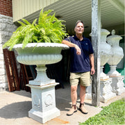 Oversized Cast Iron Garden Urn on Laurel Plinth, 42" Diameter, 53" H