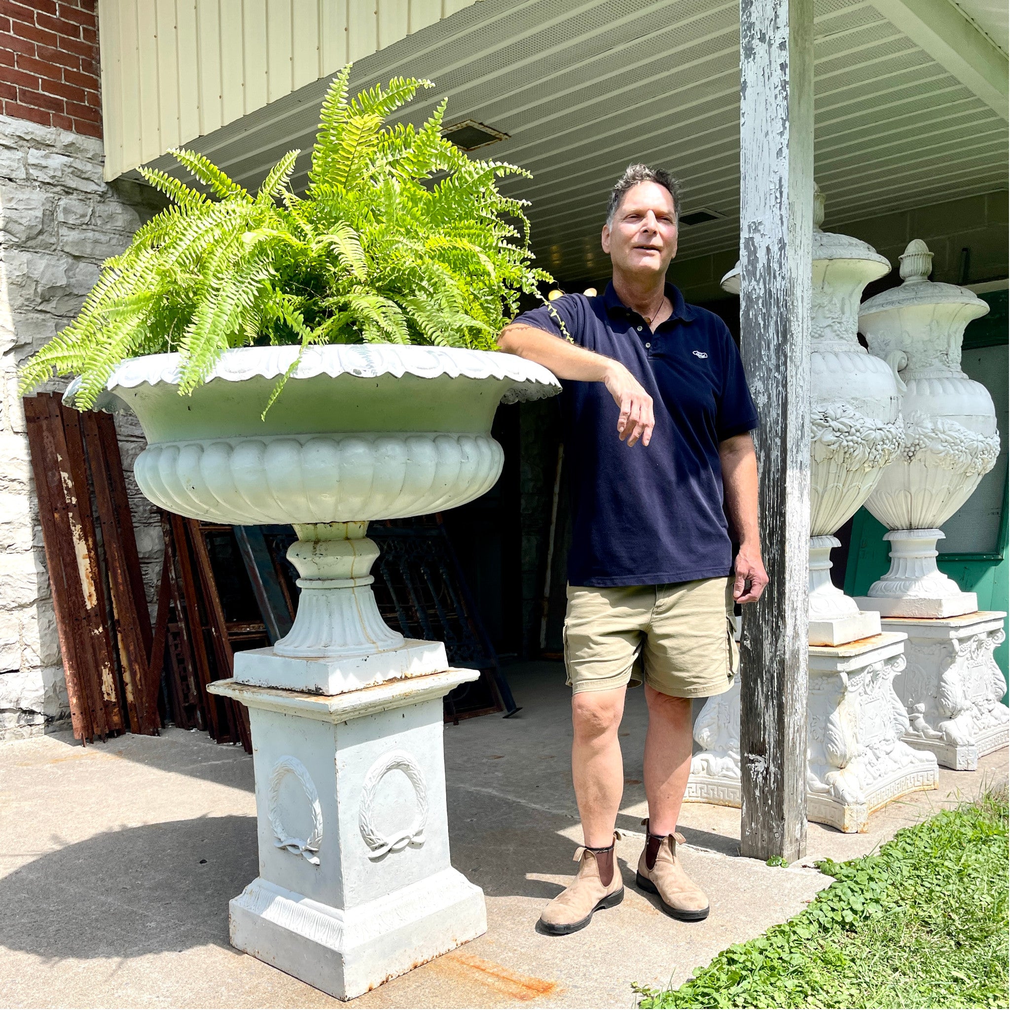Oversized Cast Iron Garden Urn on Laurel Plinth, 42" Diameter, 53" H