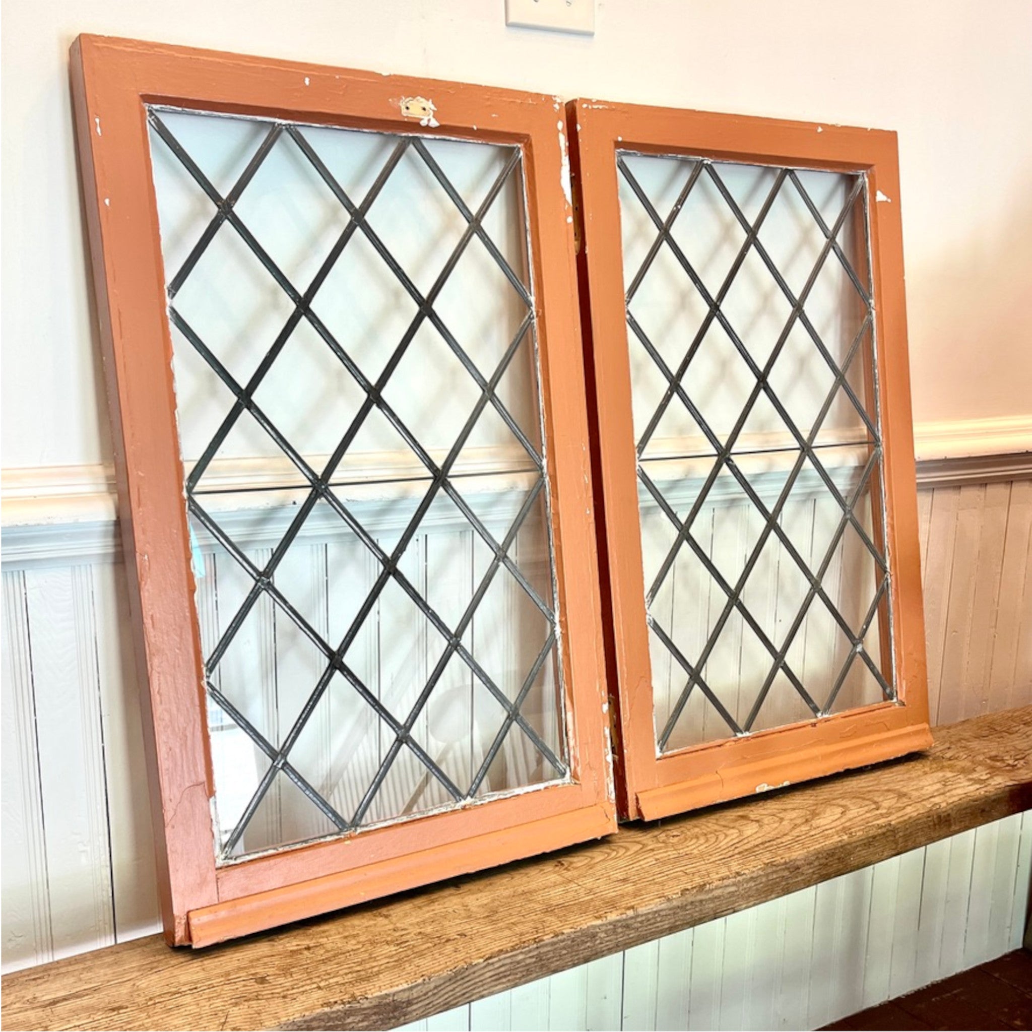 Pair of Antique Leaded Glass Diamond Pattern Windows