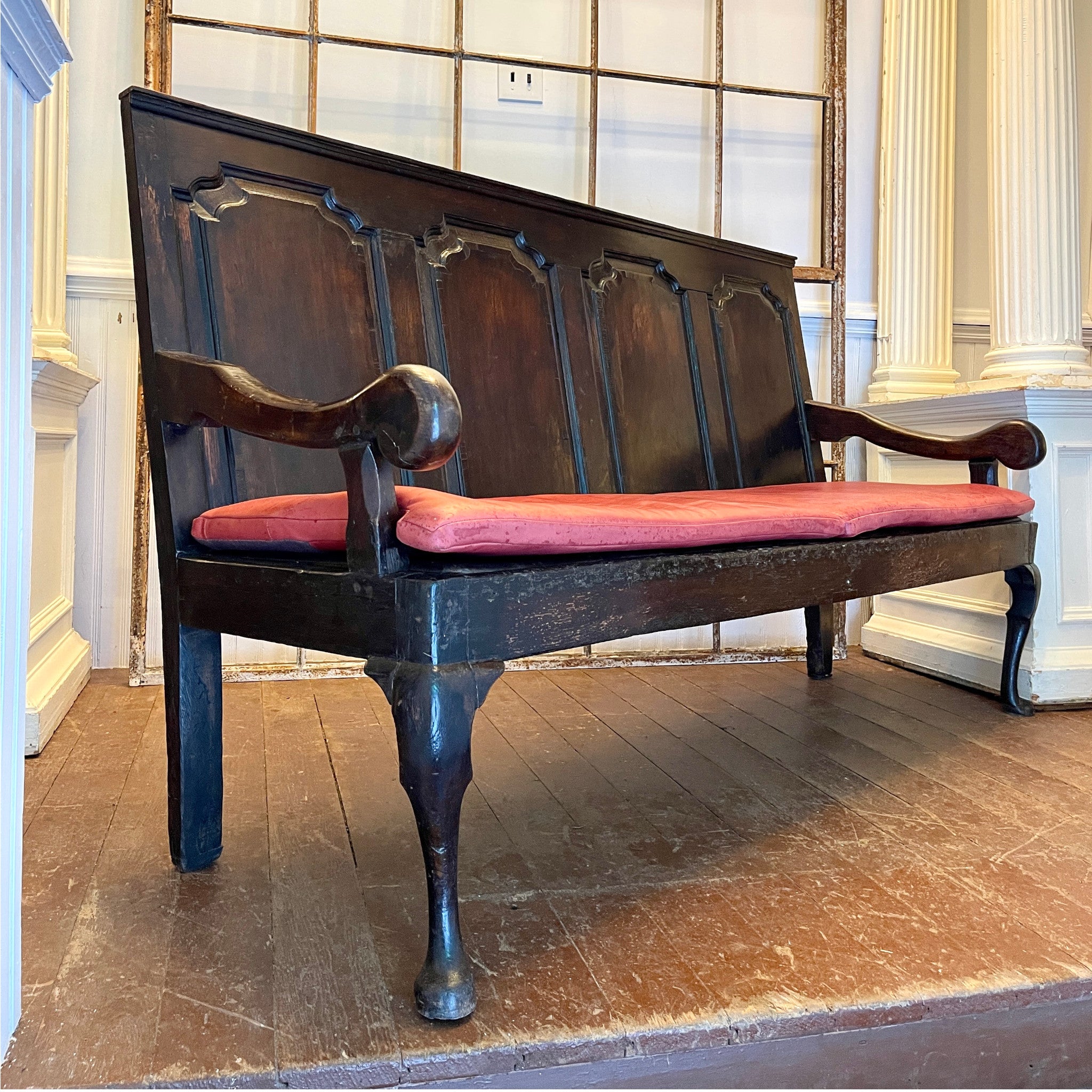 English Queen Anne Oak Hall Settle with Leather Cushions Early -18th Century | England