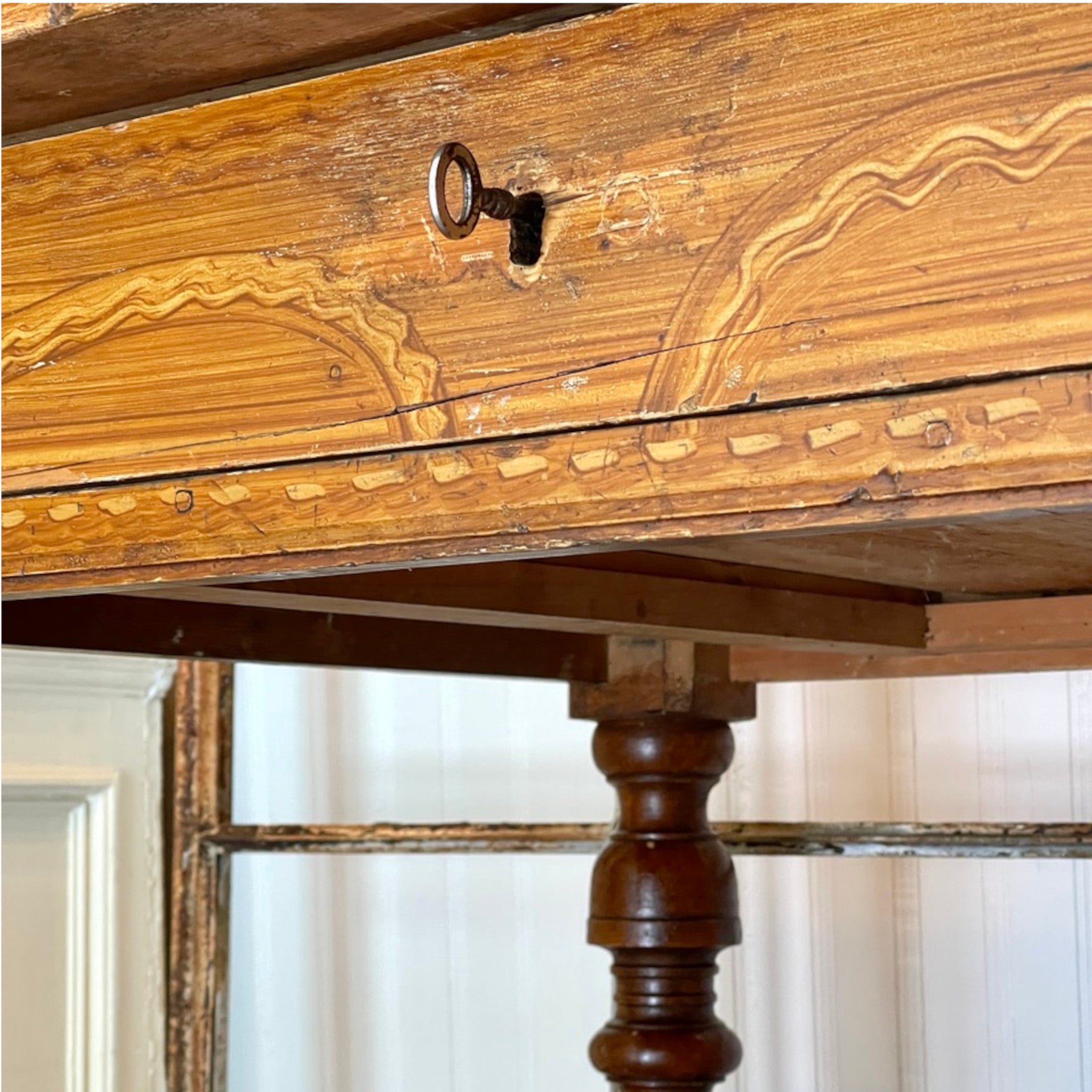 19th Century Dutch Faux-Grained Rent Table with Original Key