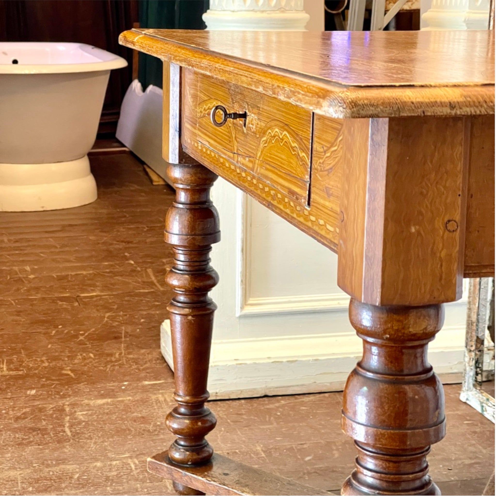 19th Century Dutch Faux-Grained Rent Table with Original Key