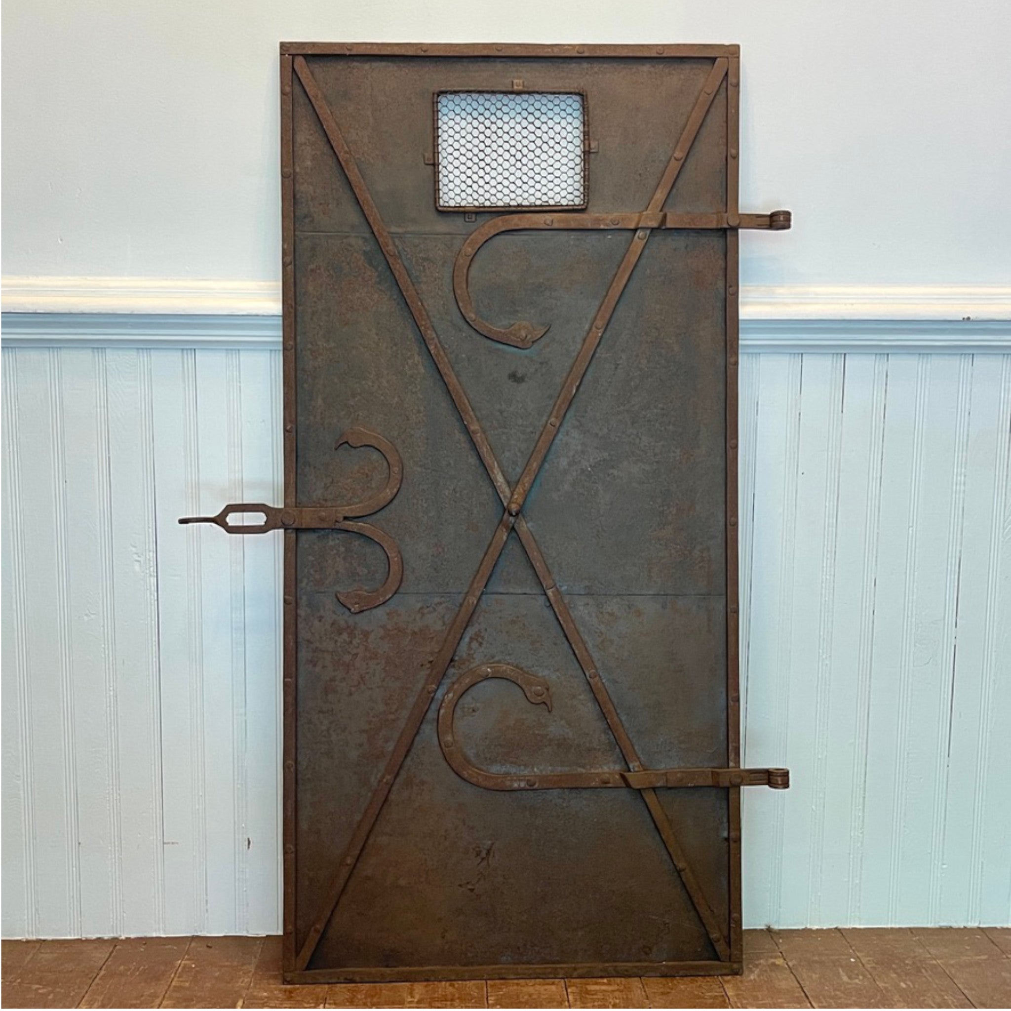 Antique European Riveted Iron Cellar Door with Serpent Motifs