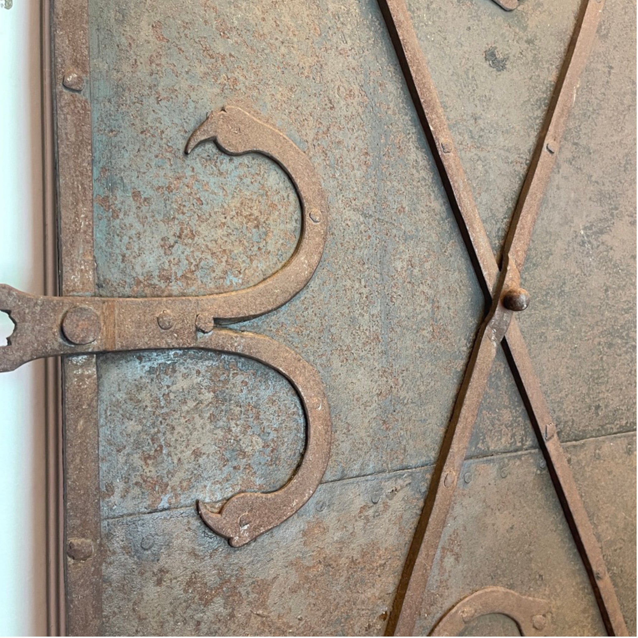 Antique European Riveted Iron Cellar Door with Serpent Motifs