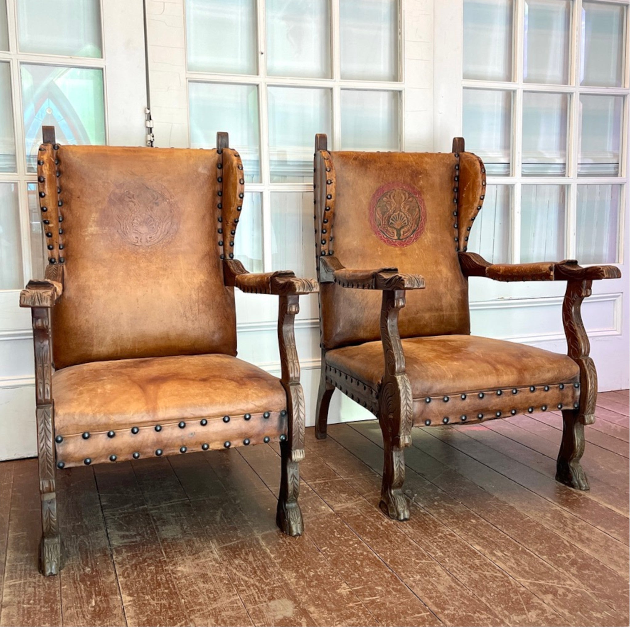 Spanish Renaissance Revival Leather Library Chairs – Pair