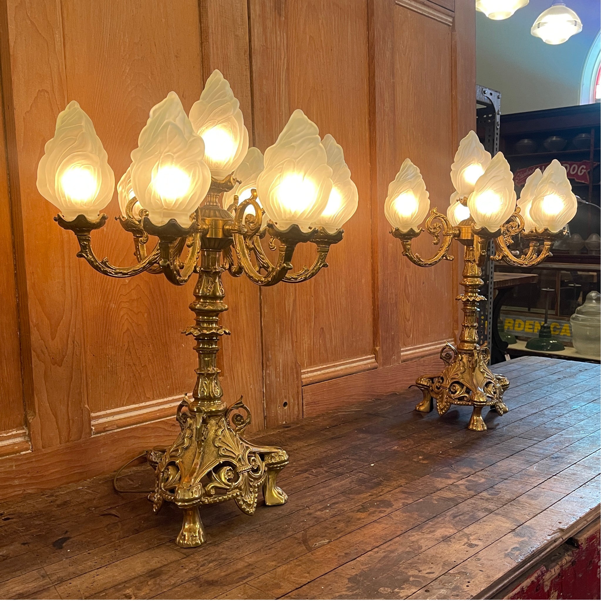 Vintage Bistro Style Brass Lamps With Flame Shades