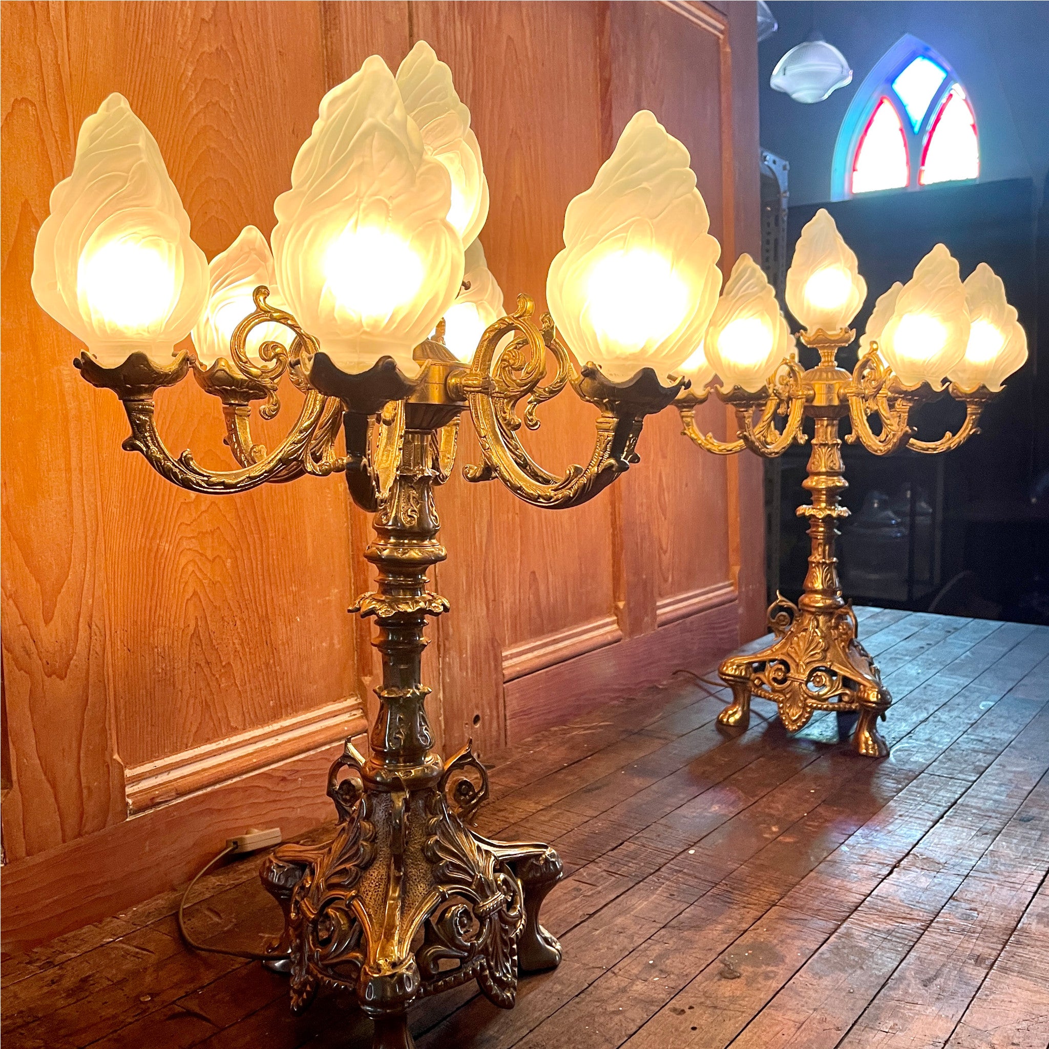 Vintage Bistro Style Brass Lamps With Flame Shades – Salvage-Garden