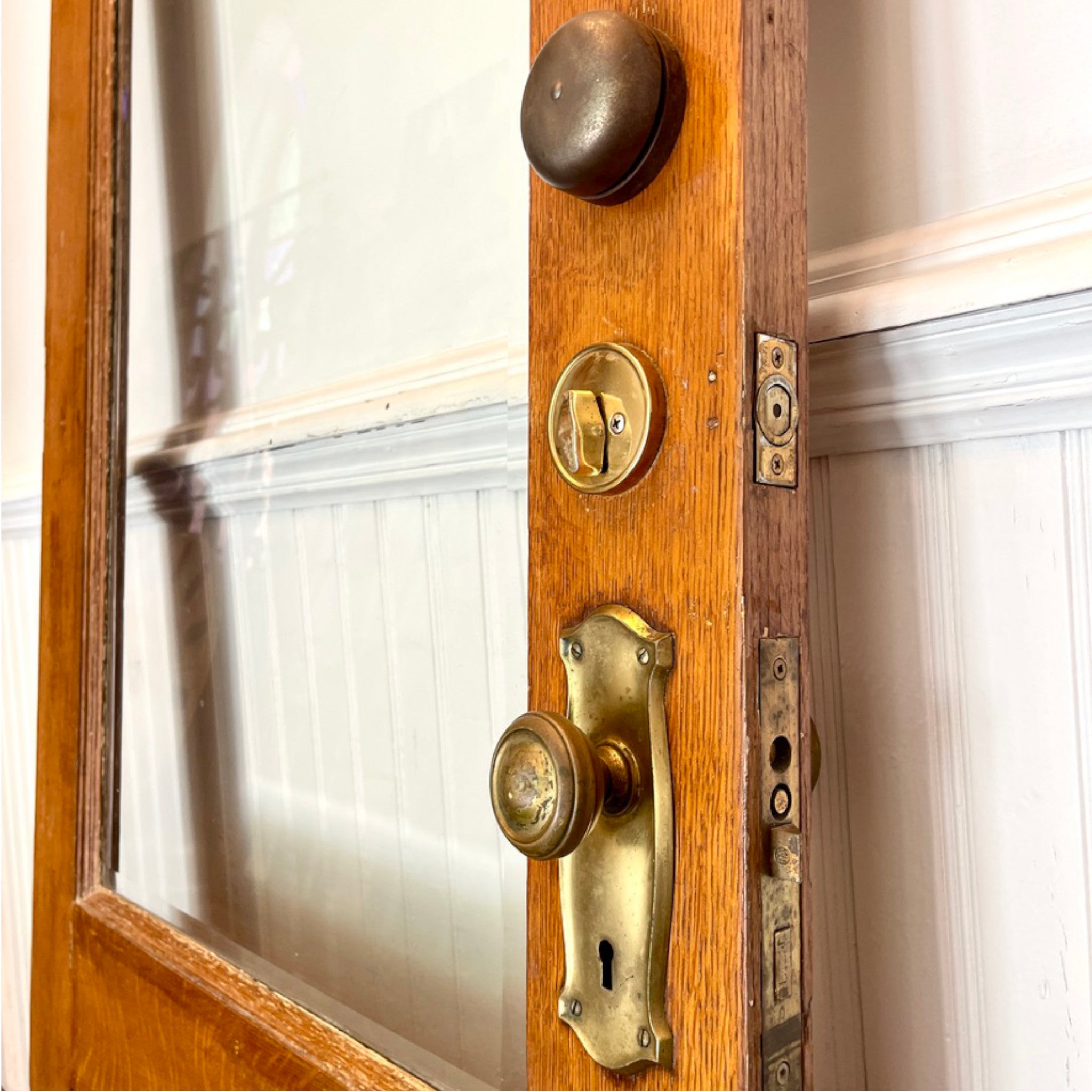 Antique Oak Glazed Pantry Door with Original Brass Hardware & Mechanical Bell Pull