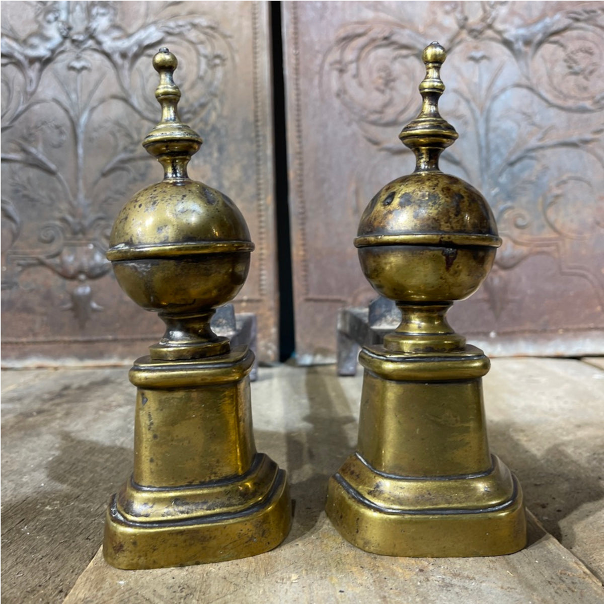 Pair of Antique French-Style Brass &amp; Iron Andirons