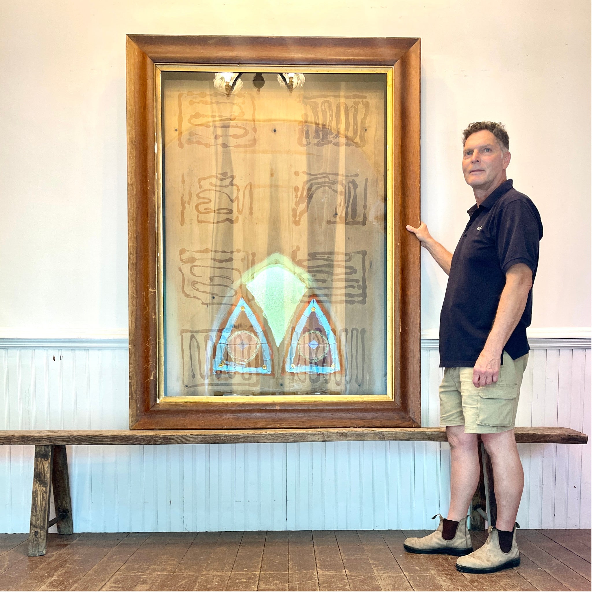 Oversized Antique Oak Exhibit Display Case with Original Rippled Glass