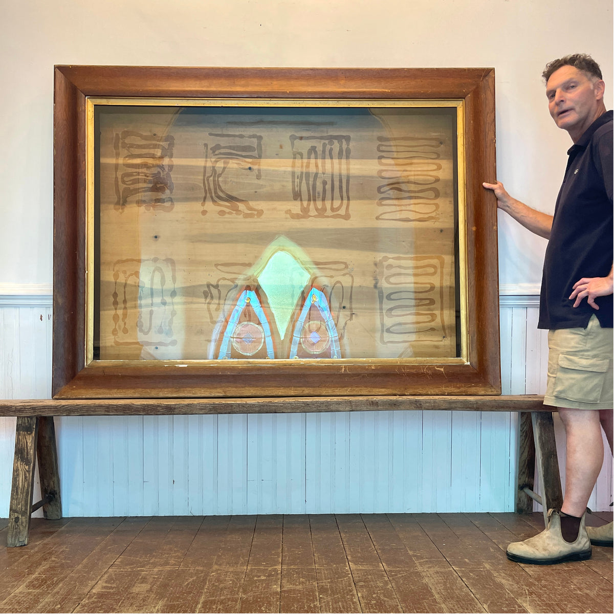 Oversized Antique Oak Exhibit Display Case with Original Rippled Glass