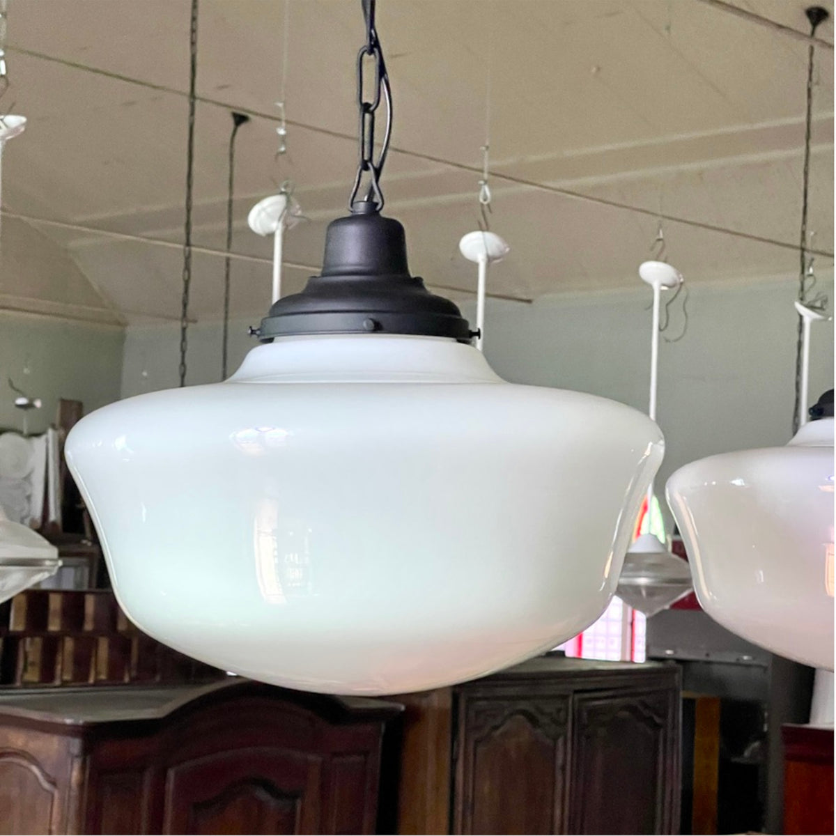 Set of 10 Antique Macbeth-Evans Schoolhouse Pendant Lights | 18" Shades