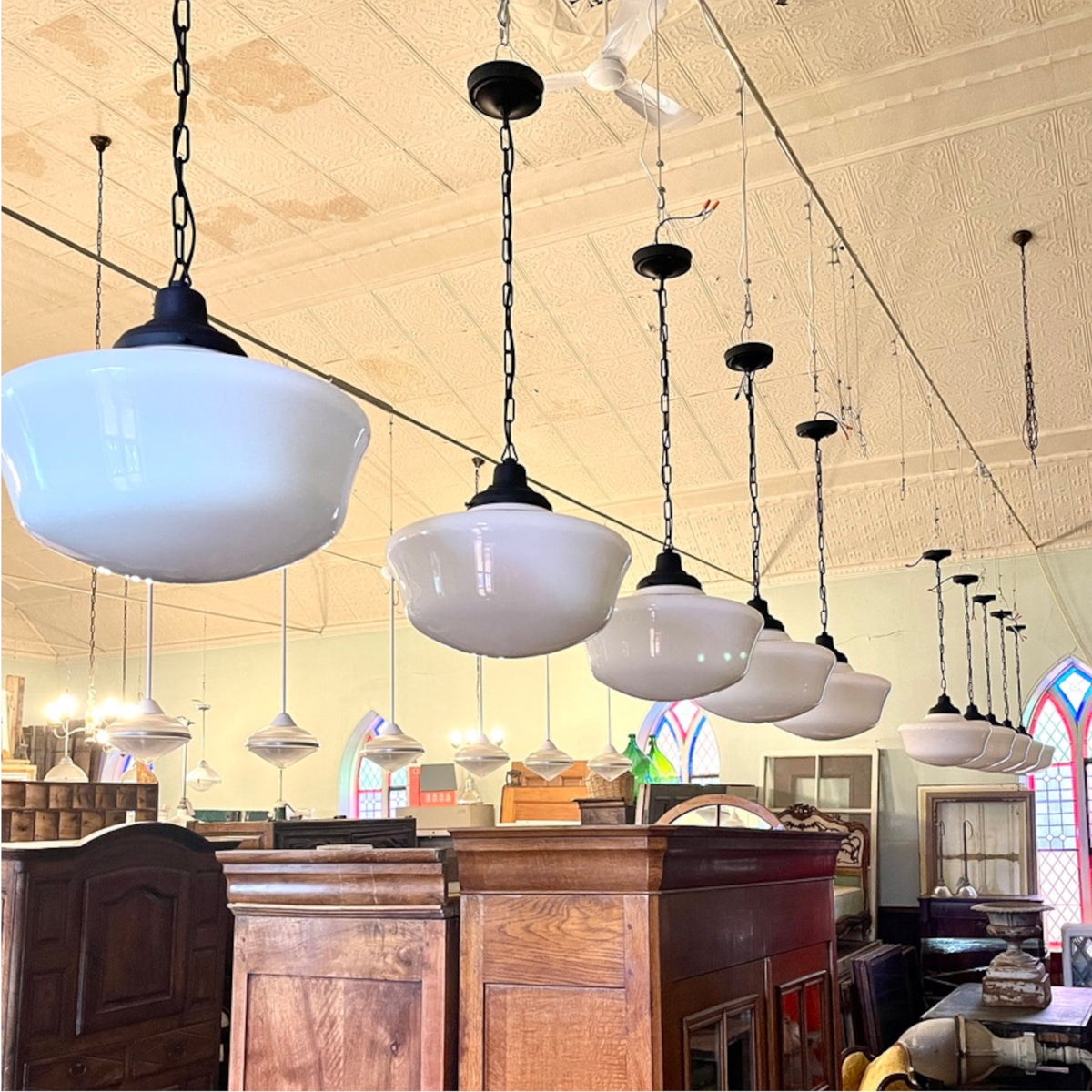 Set of 10 Antique Macbeth-Evans Schoolhouse Pendant Lights | 18" Shades