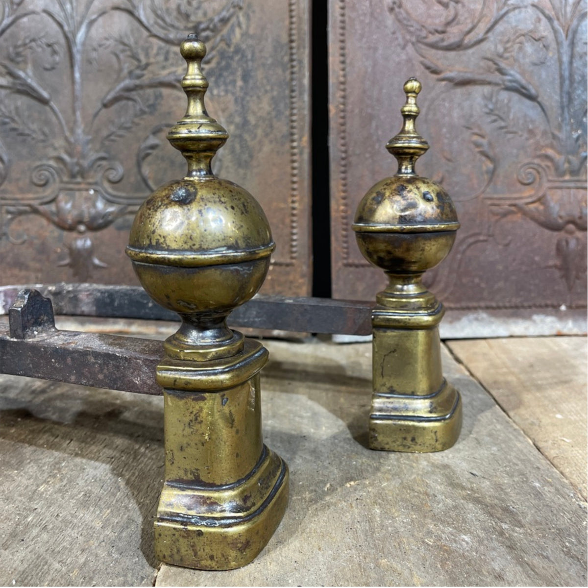 Pair of Antique French-Style Brass &amp; Iron Andirons