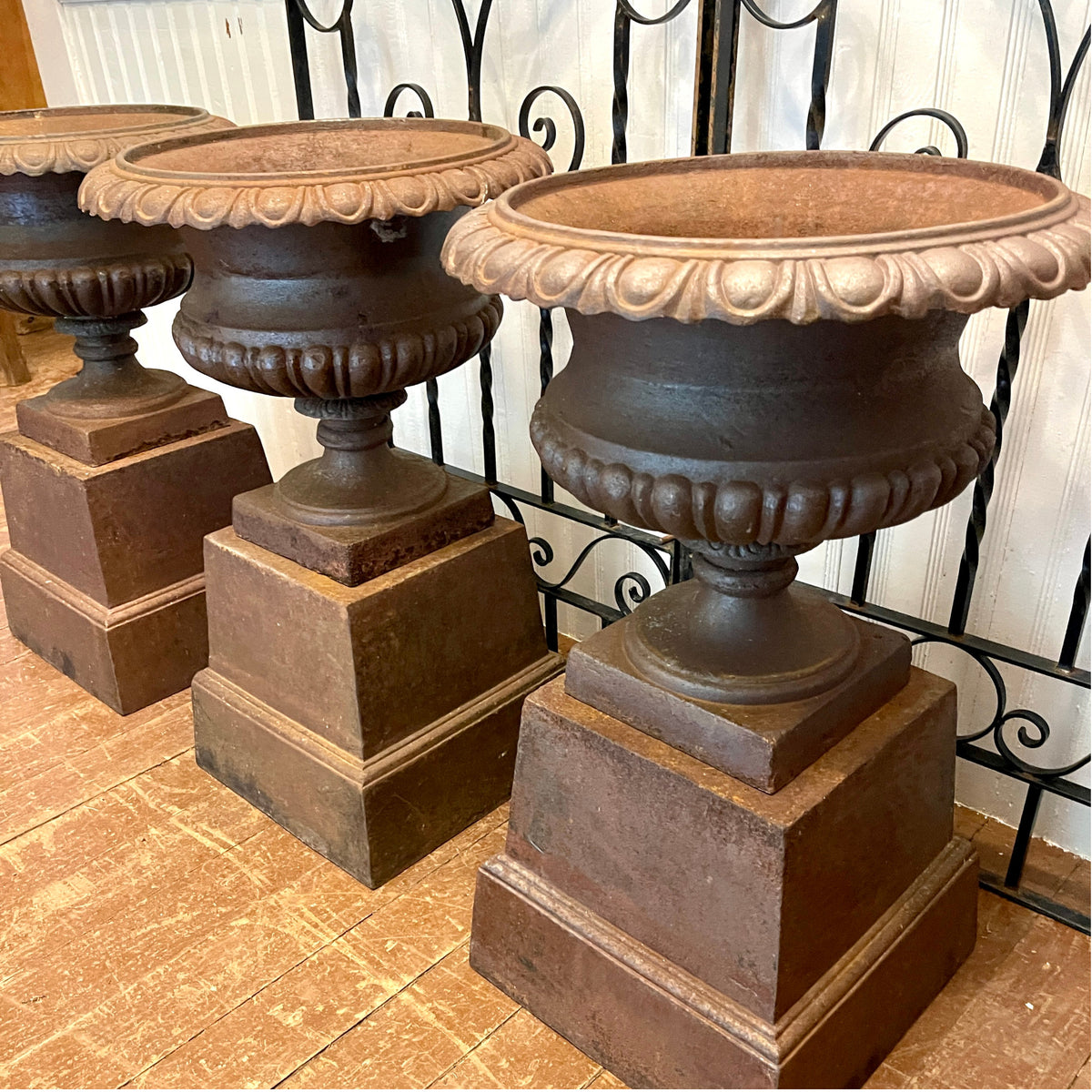 Vintage Cast Iron Campana Garden Urns on Plinths | Set of Four