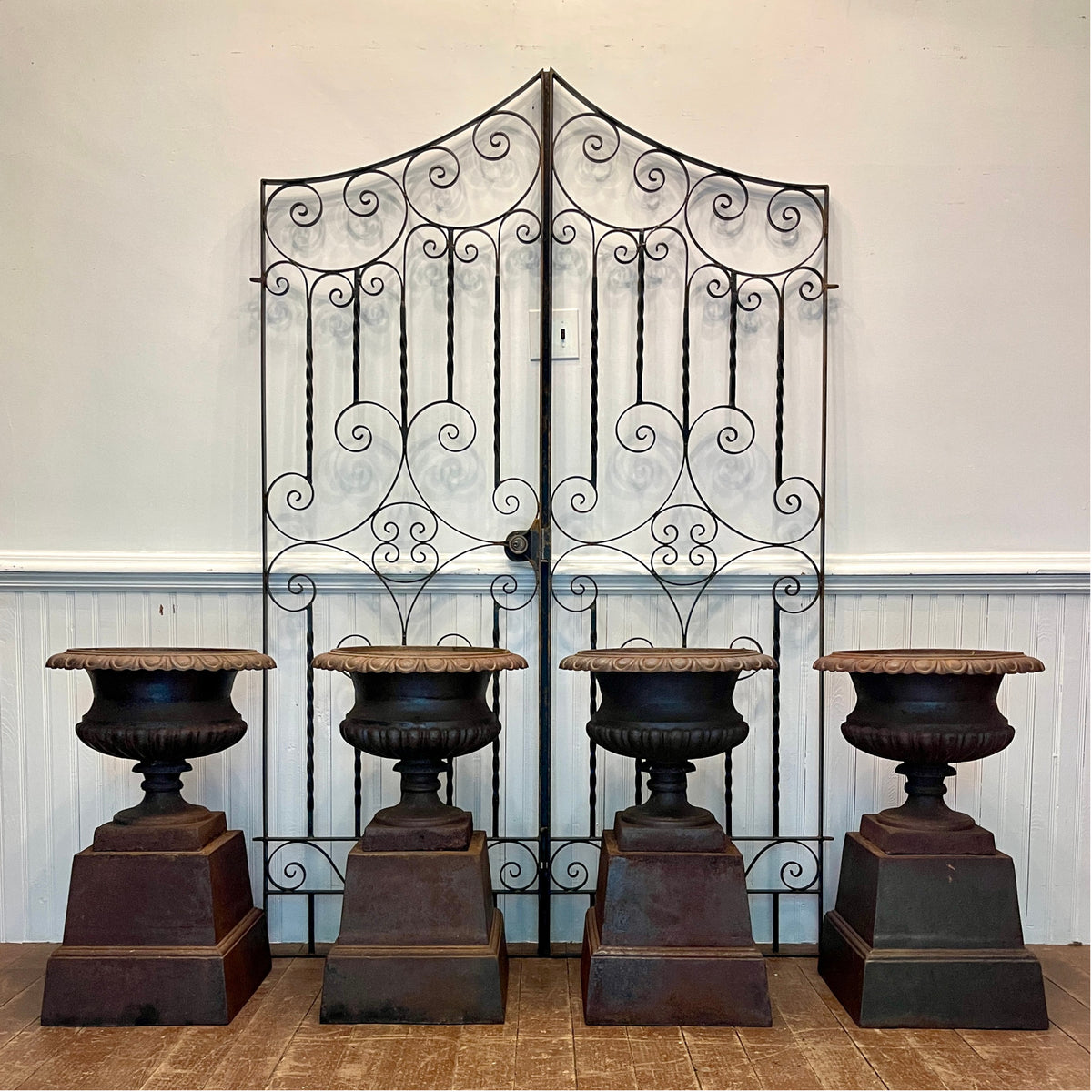 Vintage Cast Iron Campana Garden Urns on Plinths | Set of Four