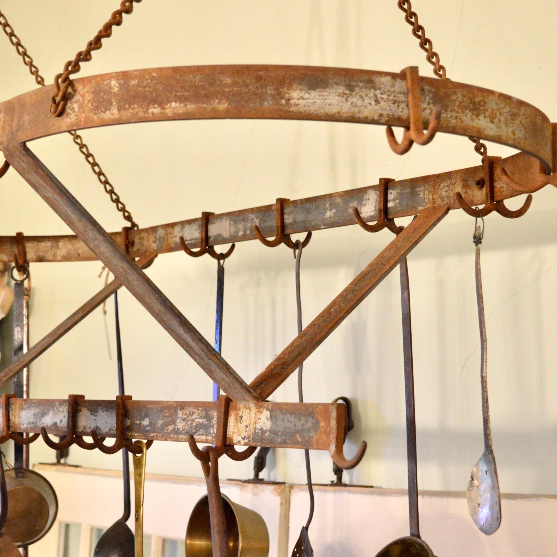Vintage Steel Pot Rack With Cast Iron Hooks - Salvage-Garden