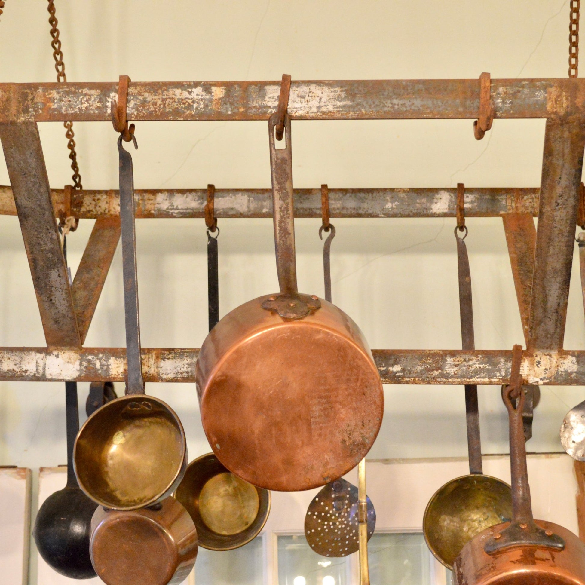 Vintage Steel Pot Rack With Cast Iron Hooks - Salvage-Garden