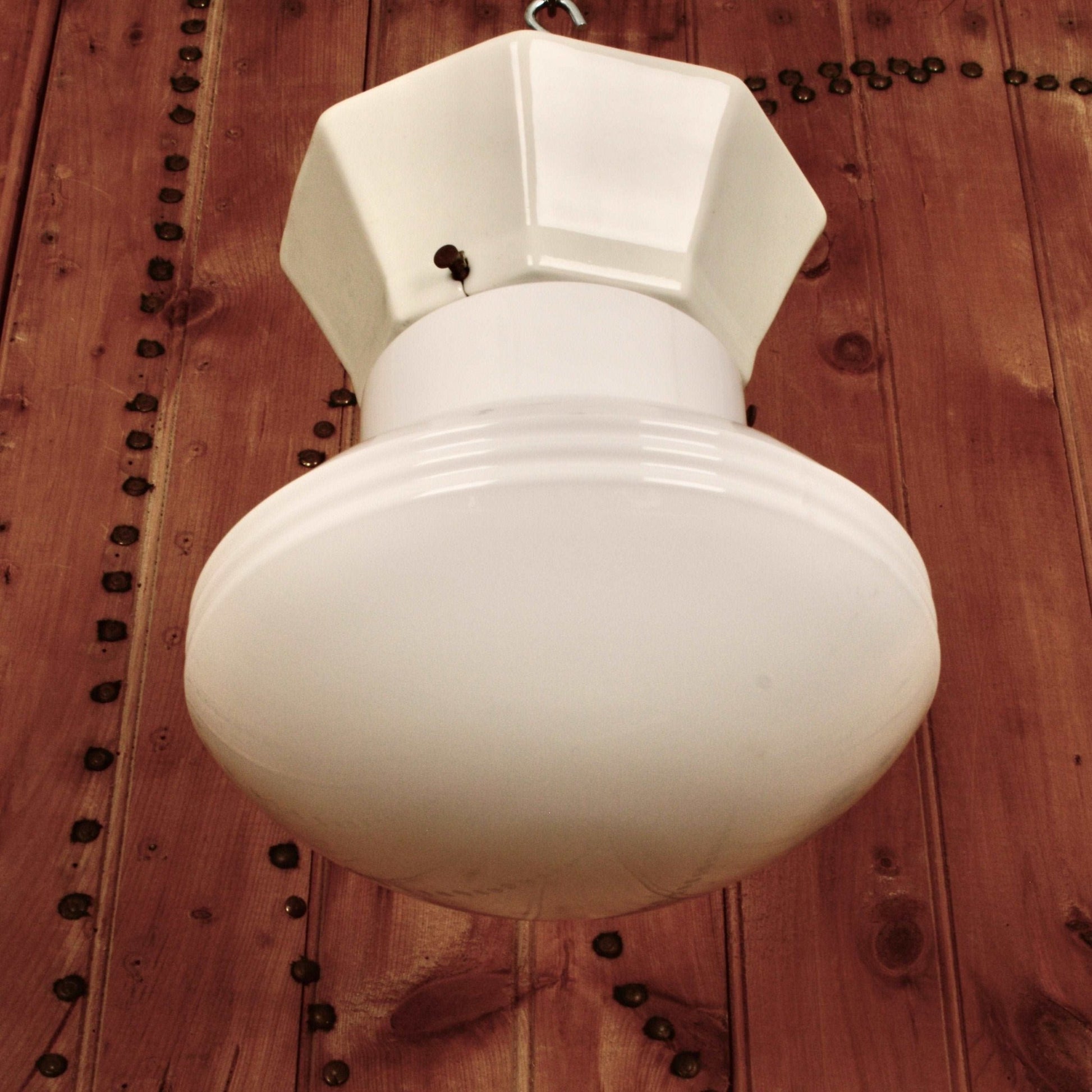 1920's Light Fixture with Porcelain Mount and Opaline Glass Shade - Salvage-Garden