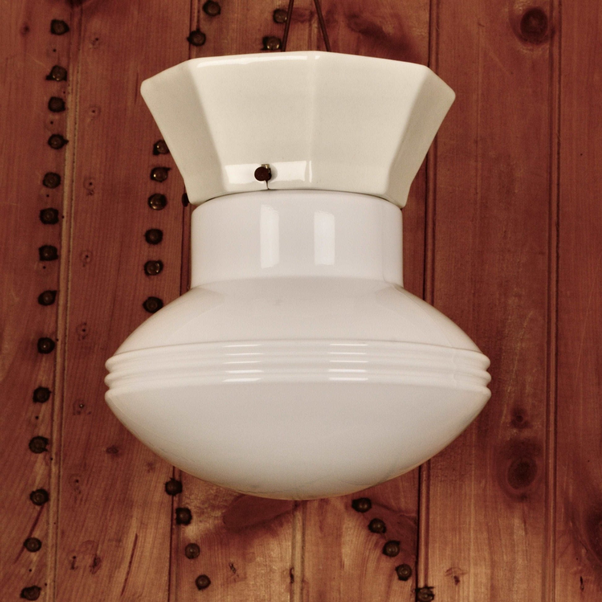 1920's Light Fixture with Porcelain Mount and Opaline Glass Shade - Salvage-Garden