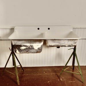 1940 Cast Iron Double Sink with Brass Fittings - Salvage-Garden