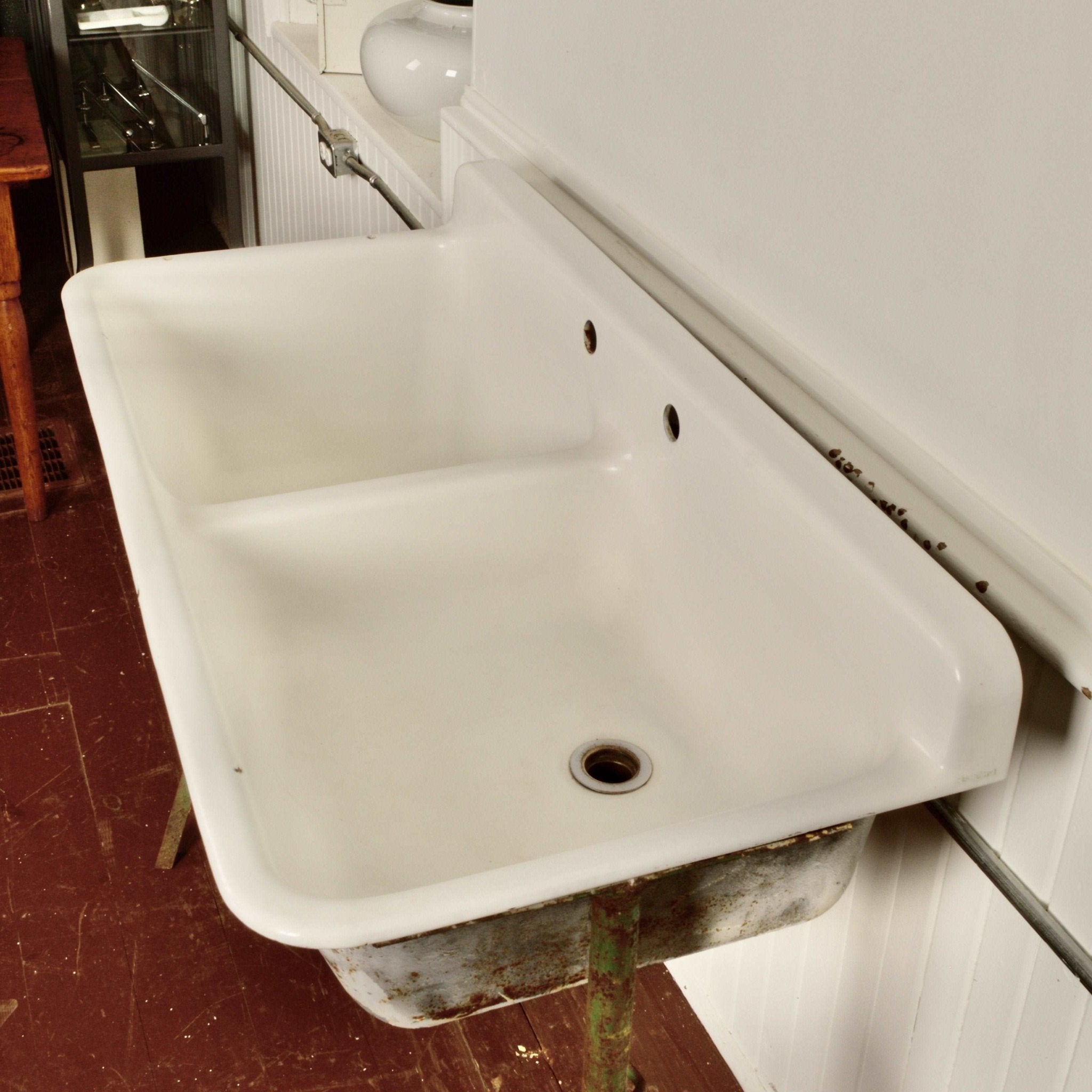 1940 Cast Iron Double Sink with Brass Fittings - Salvage-Garden