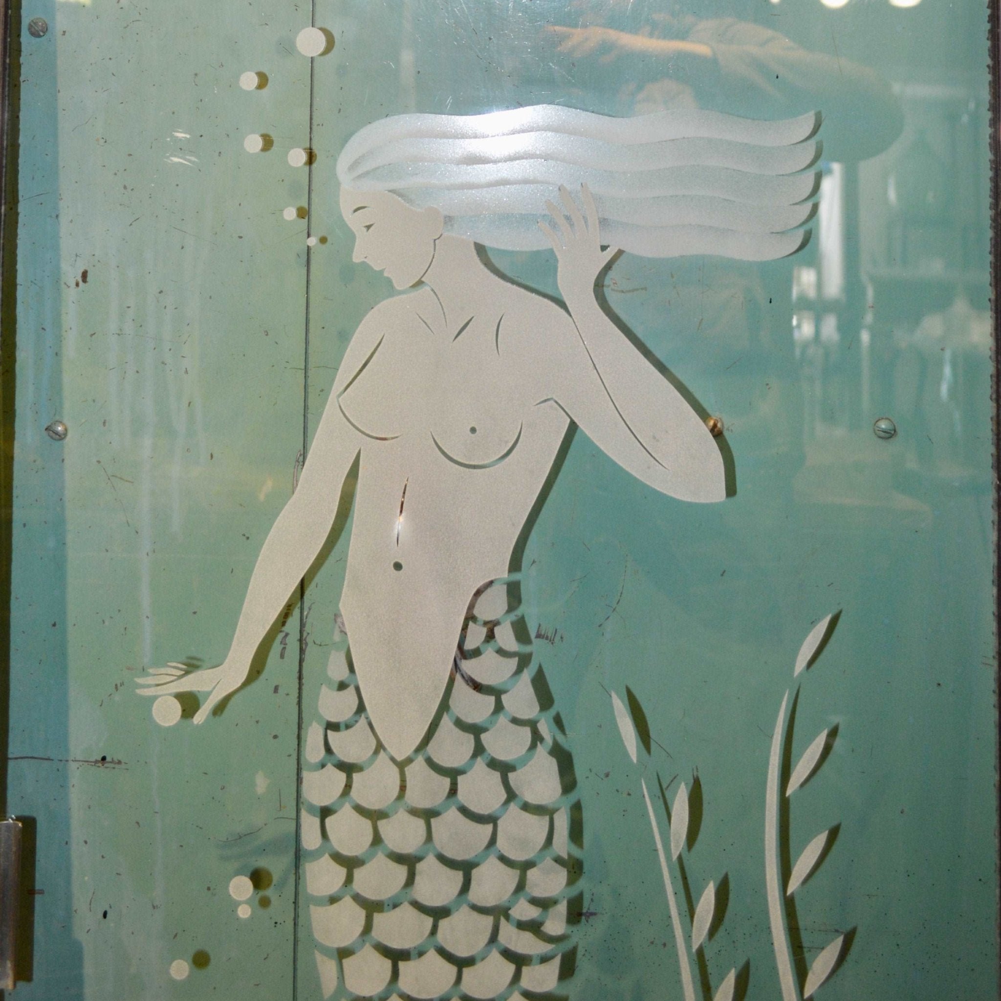 1950s Shower Door With Etched Mermaid Design - Salvage-Garden