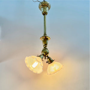 Antique Brass Double Light Pendant With Opalescent Shades - Salvage-Garden