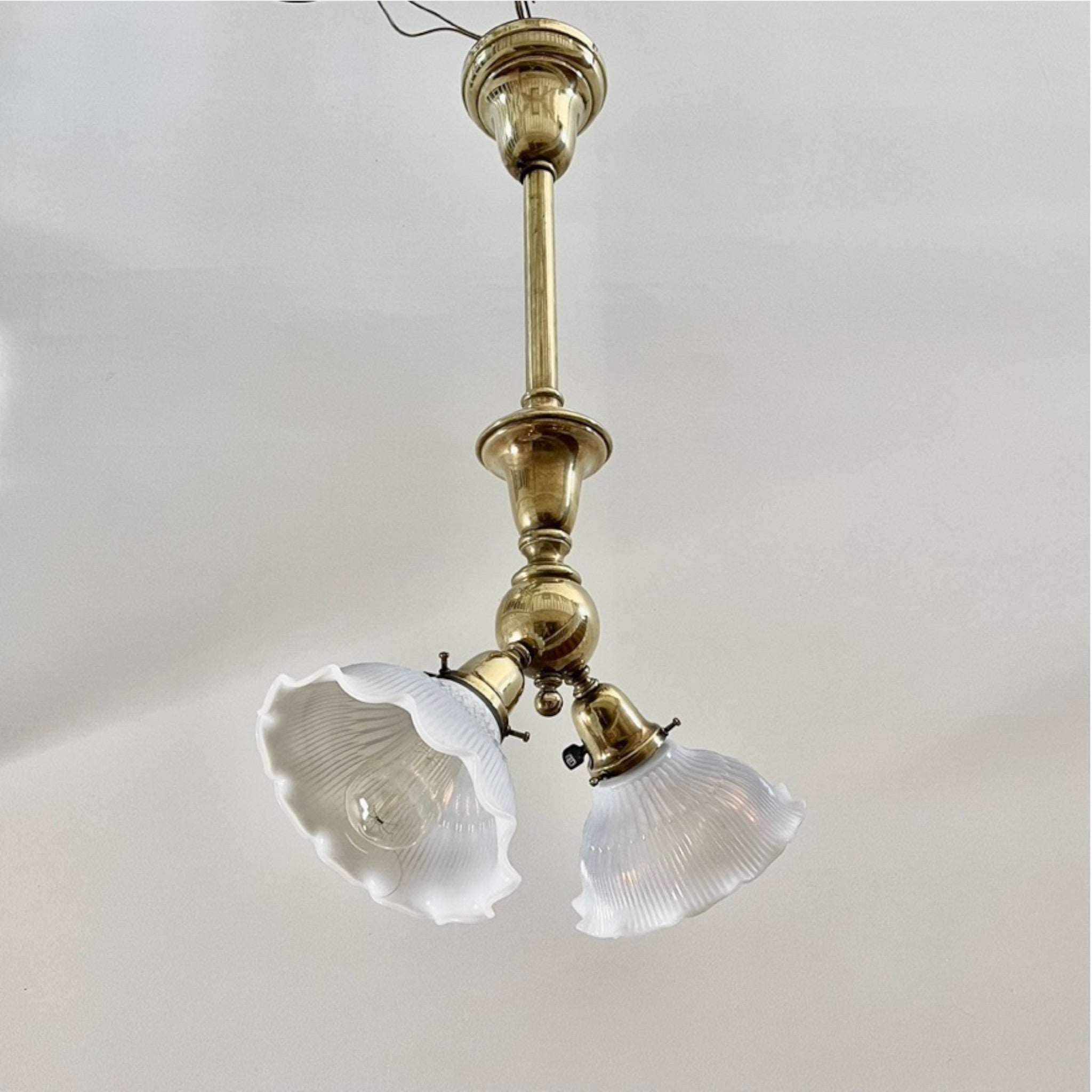 Antique Brass Double Light Pendant With Opalescent Shades - Salvage-Garden