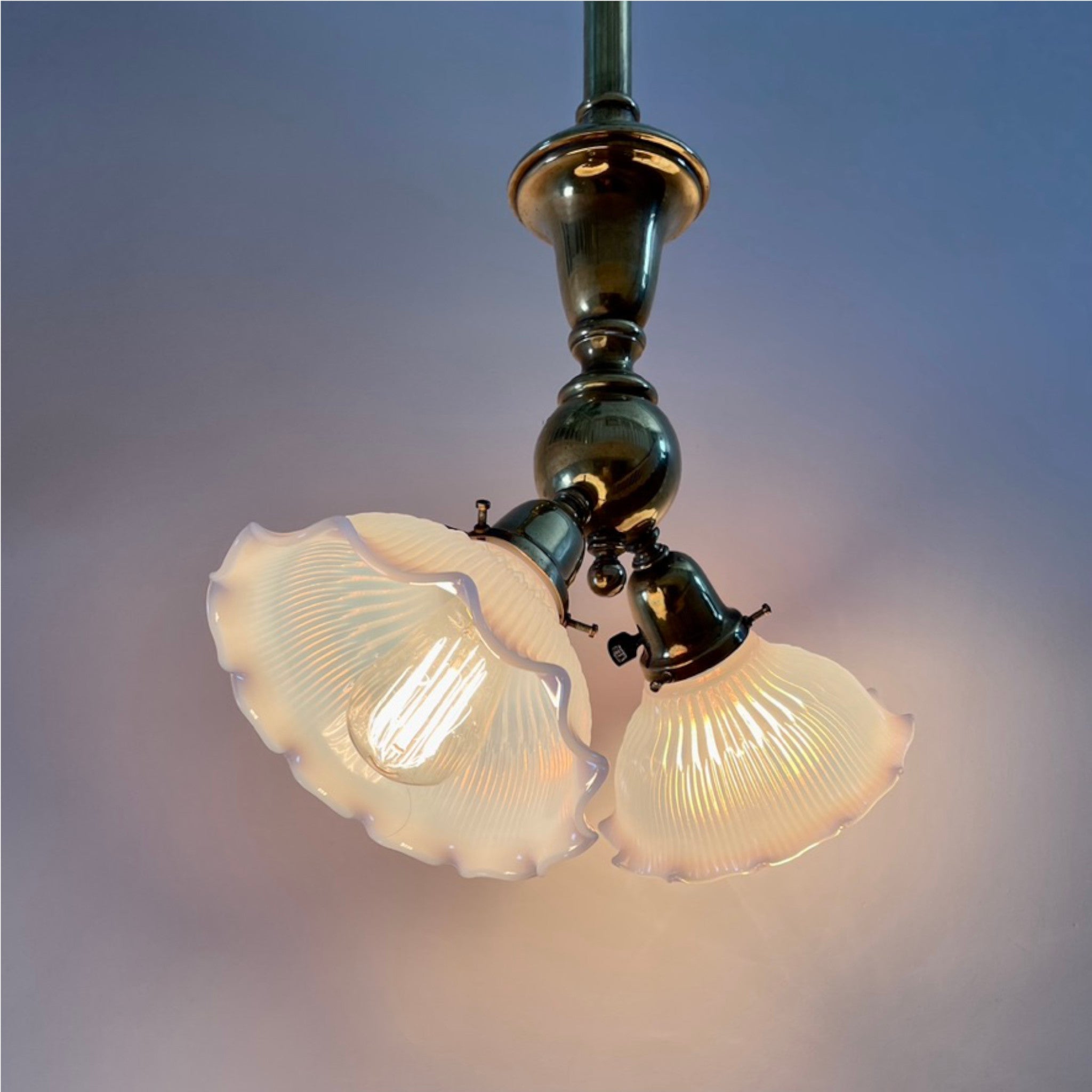 Antique Brass Double Light Pendant With Opalescent Shades - Salvage-Garden