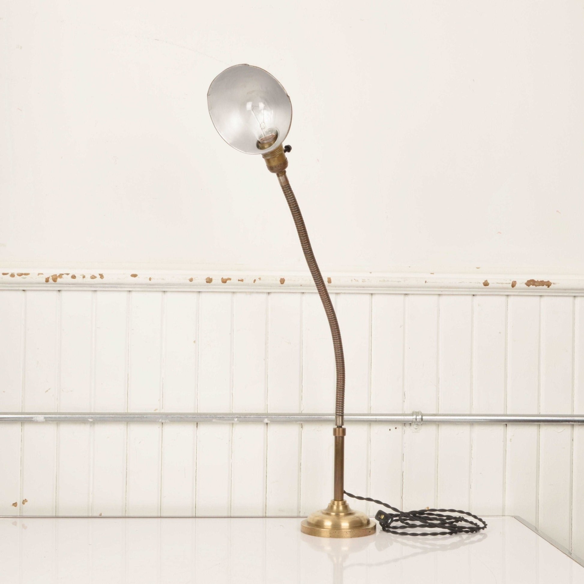 Antique Brass Gooseneck Lamp By Almond Mfg. Brooklyn NY c. 1910 - Salvage-Garden