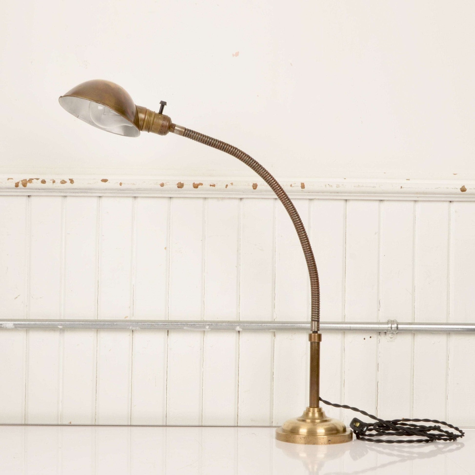 Antique Brass Gooseneck Lamp By Almond Mfg. Brooklyn NY c. 1910 - Salvage-Garden