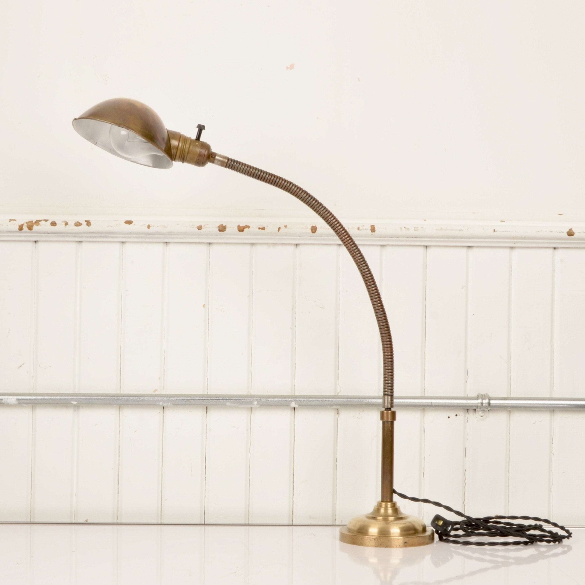 Antique Brass Gooseneck Lamp By Almond Mfg. Brooklyn NY c. 1910 - Salvage-Garden