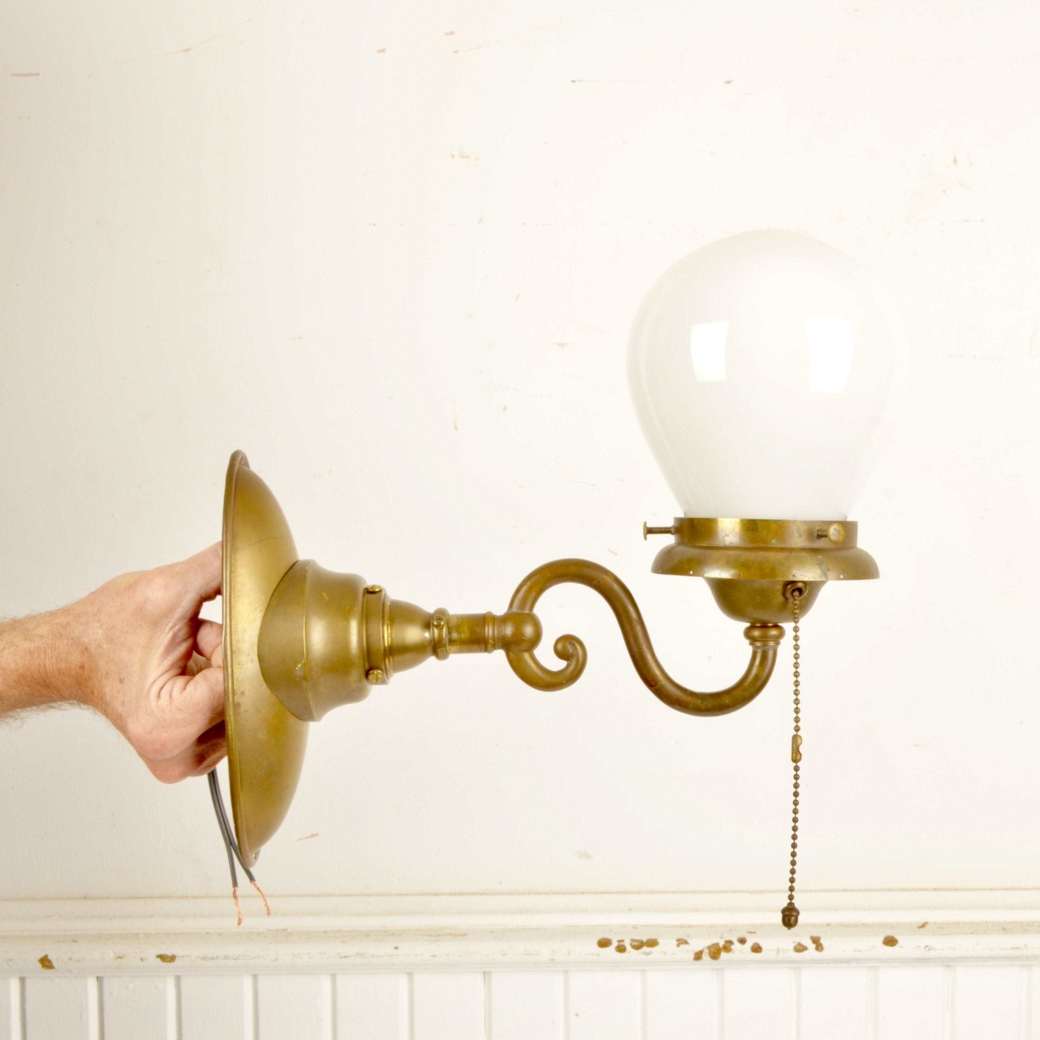 Antique Cast Brass Sconce With Milk Glass Shade - Salvage-Garden