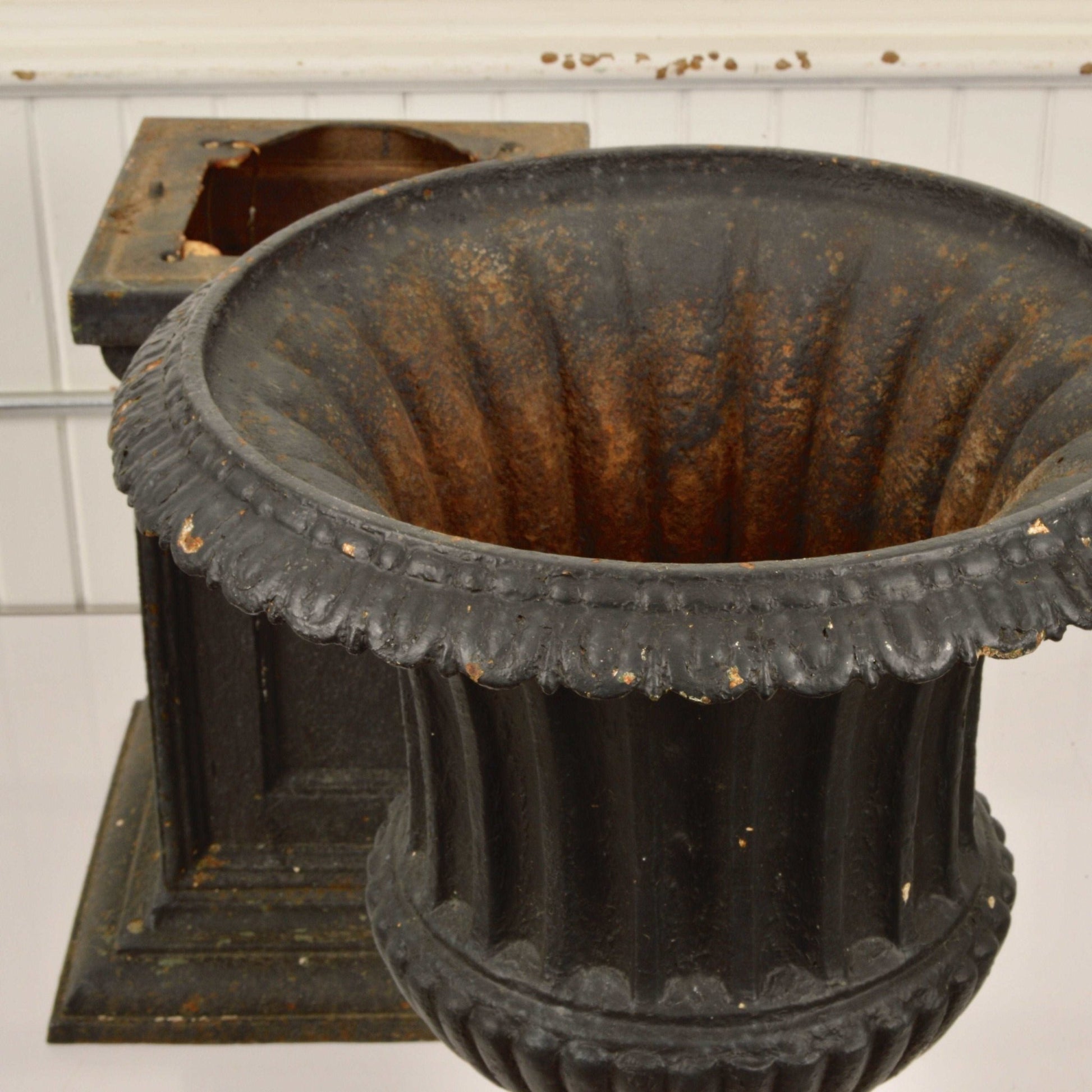 Antique Cast Iron Campana Style Urn With Plinth - Salvage-Garden